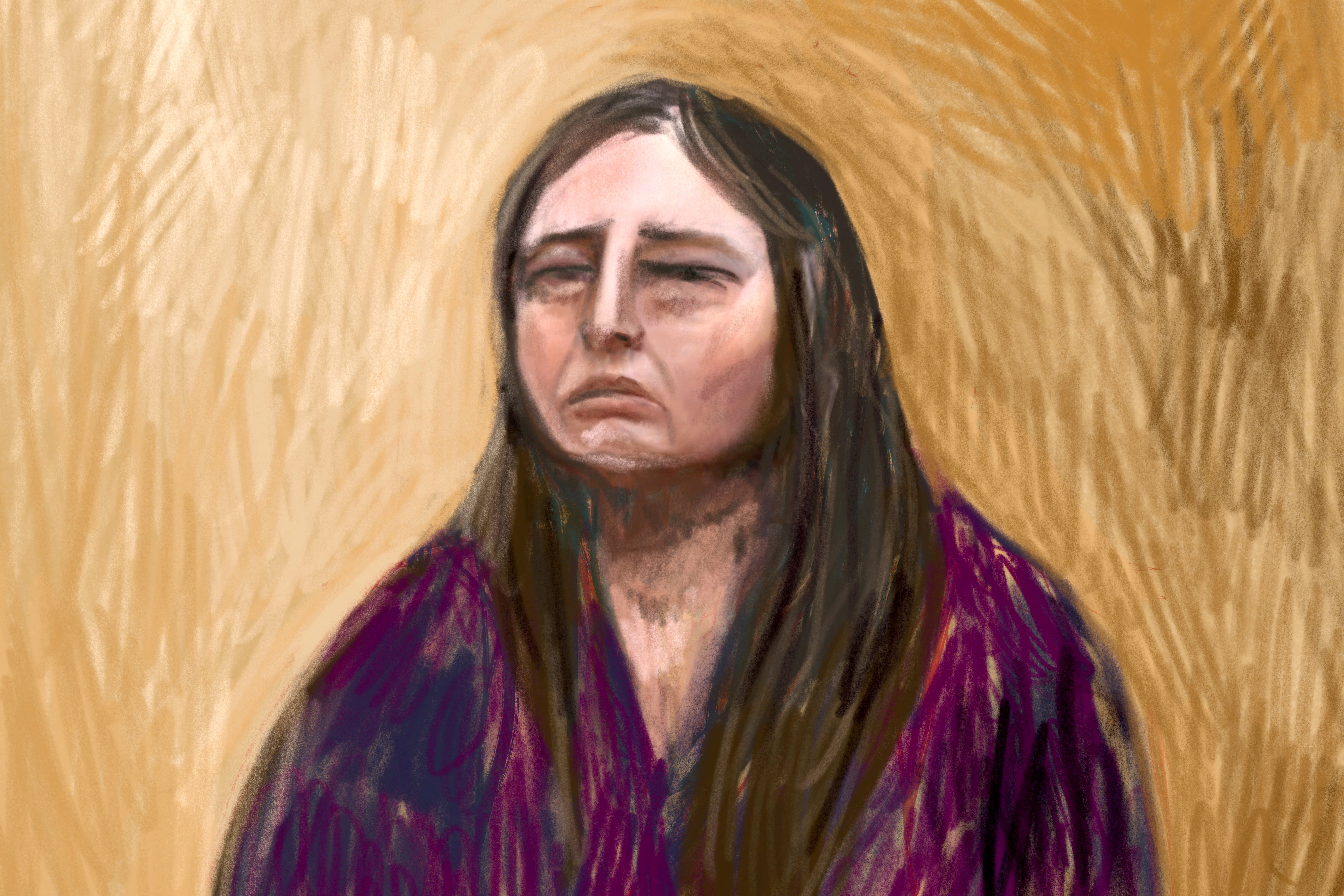 A handout court sketch of Erin Patterson, an Australian woman who allegedly murdered three people with a toxic mushroom-laced beef