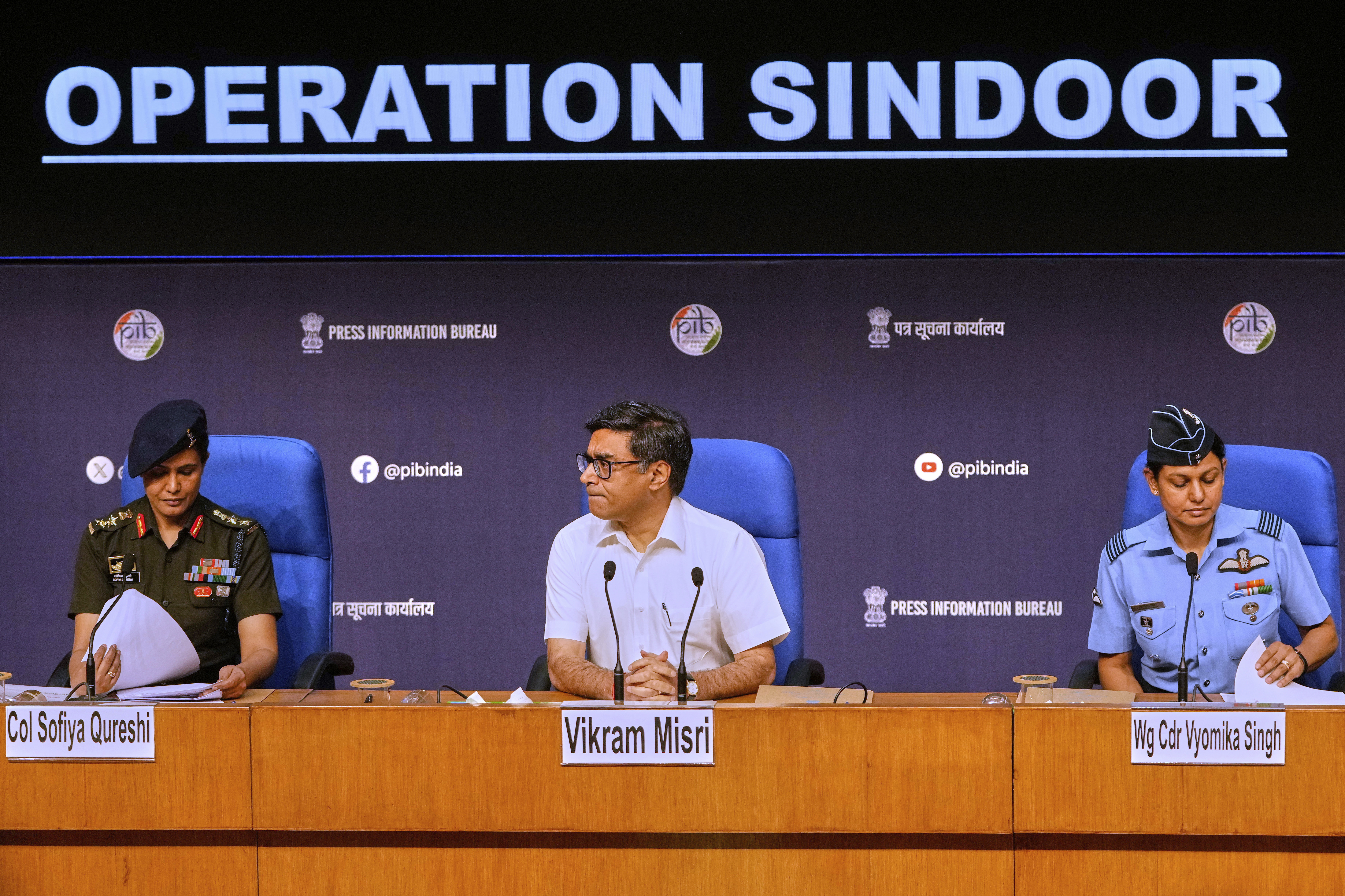 India's Foreign Secretary Vikram Misri, center, with Indian army officer Colonel Sofiya Qureshi, left, and Indian Air Force officer Wing Commander Vyomika Singh, right, address a press conference after India struck multiple sites inside Pakistani controlled territory with missiles under Operation Sindoor, in New Delhi, India, Wednesday, May 7, 2025. (AP Photo/Manish Swarup)