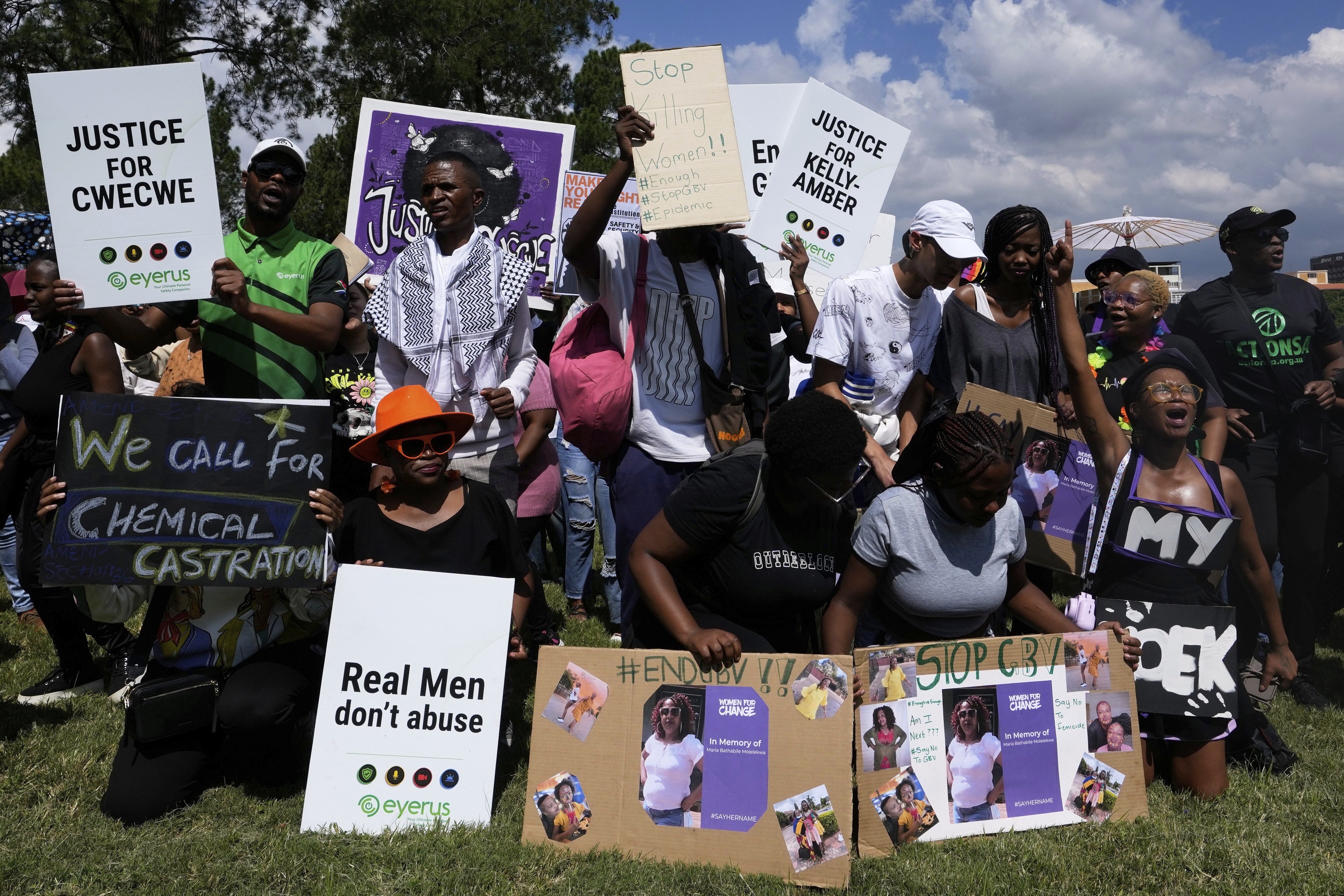 Activists chant slogans during the women's protest against gender-based violence and femicide in Pretoria, South Africa