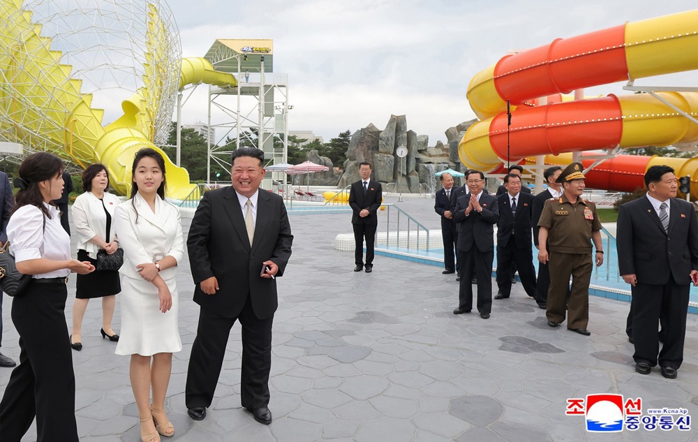 epa12197958 A photo released by the official North Korean Central News Agency (KCNA) shows North Korean leader Kim Jong Un (4-L) and his daughter Kim Ju Ae (3-L) during a ceremony marking the opening of the Wonsan Kalma Coastal Tourist Zone in Wonsan, North Korea, 24 June 2025 (issued 26 June 2025). According to KCNA, the tourist zone features hotels and hostels with accommodations for nearly 20,000 guests, both domestic and international, as well as sea-bathing facilities, and various sports and recreation amenities. EPA/KCNA EDITORIAL USE ONLY