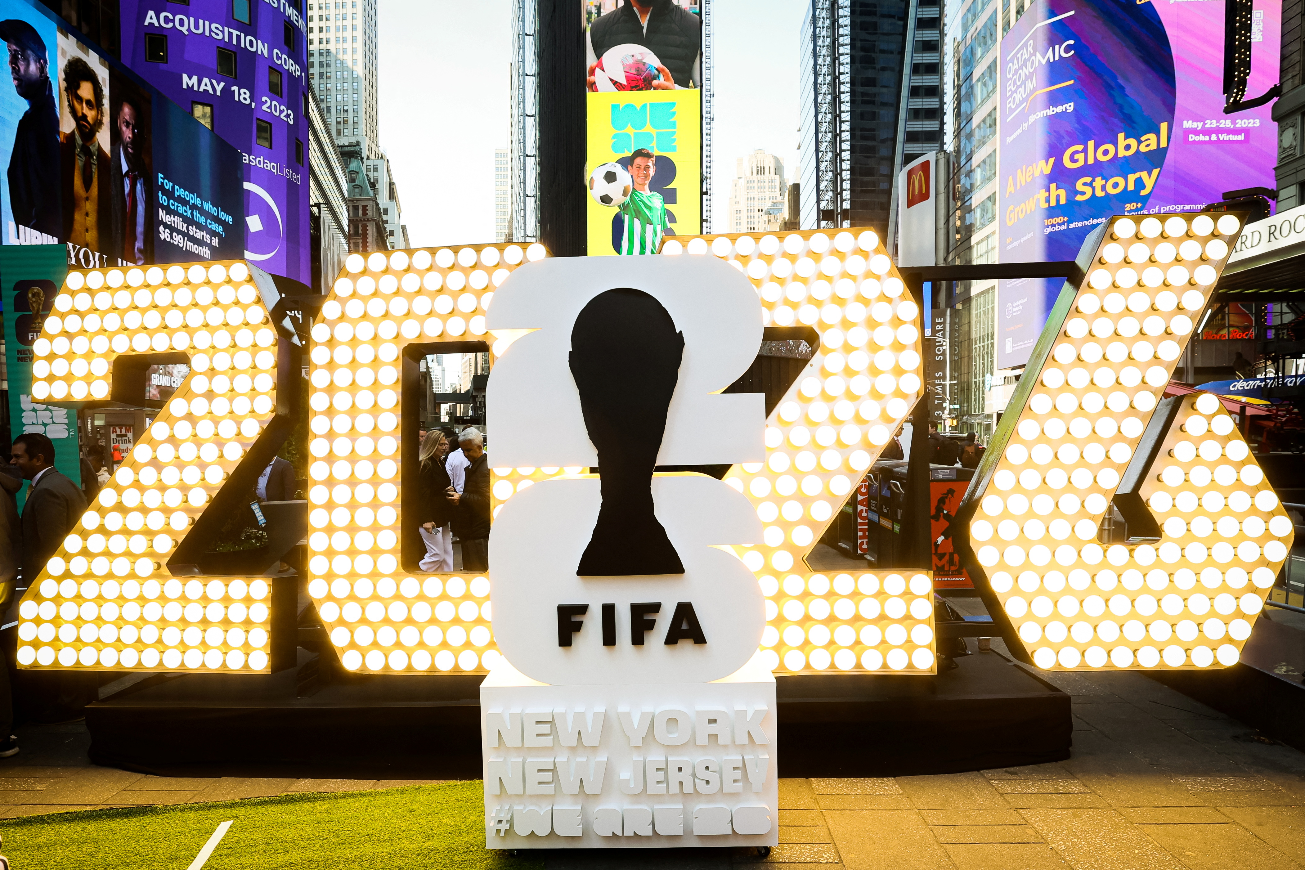 The New York/New Jersey's FIFA World Cup 2026 logo is revealed during the kickoff event in Times Square in New York City