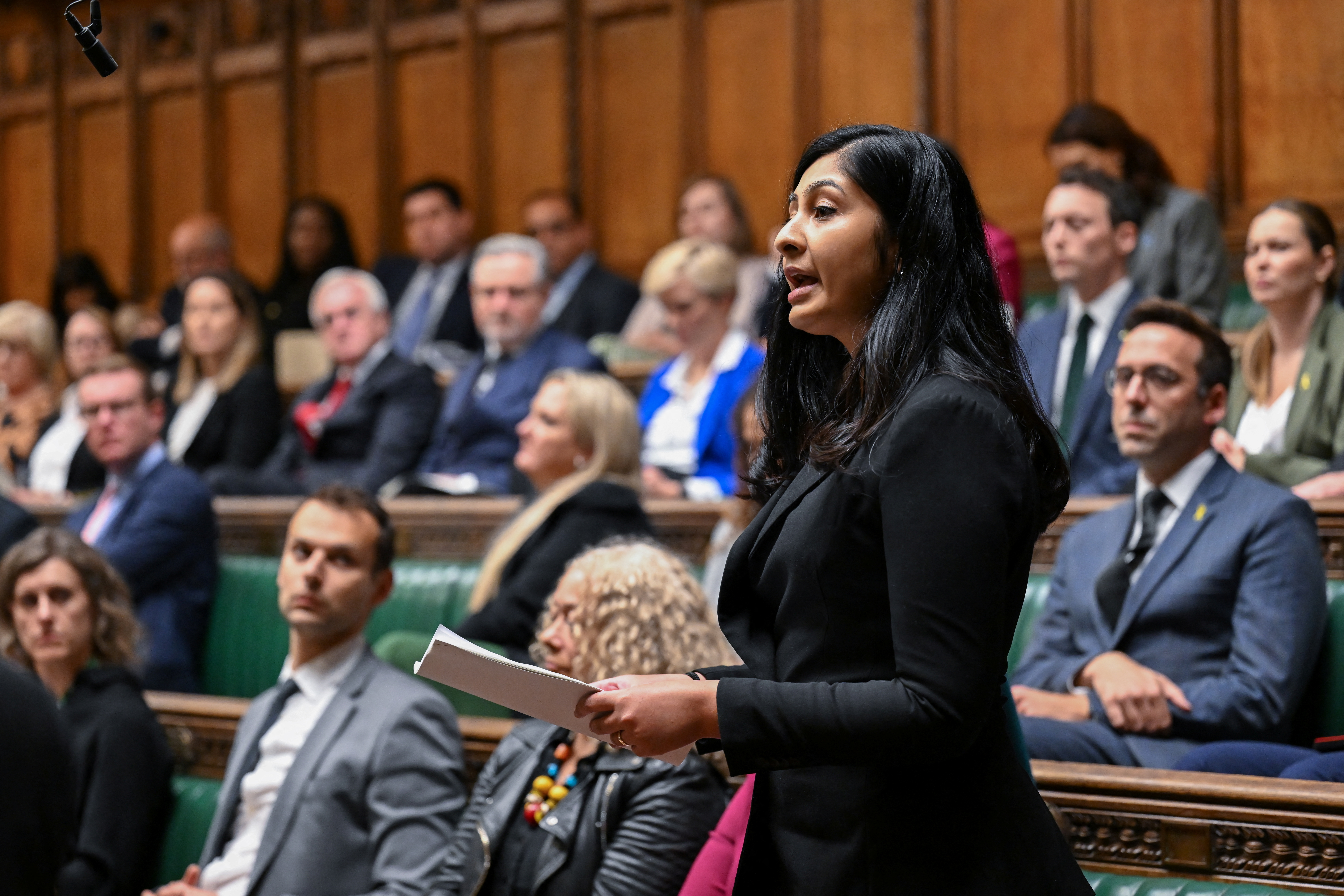 Member of Parliament Zarah Sultana speaks on the day Britain's Prime Minister Keir Starmer delivers a ministerial statement on Hamas' October 7 attack anniversary and the Middle East at the House of Commons, in London, Britain, on October 7, 2024. [UK Parliament/Handout]