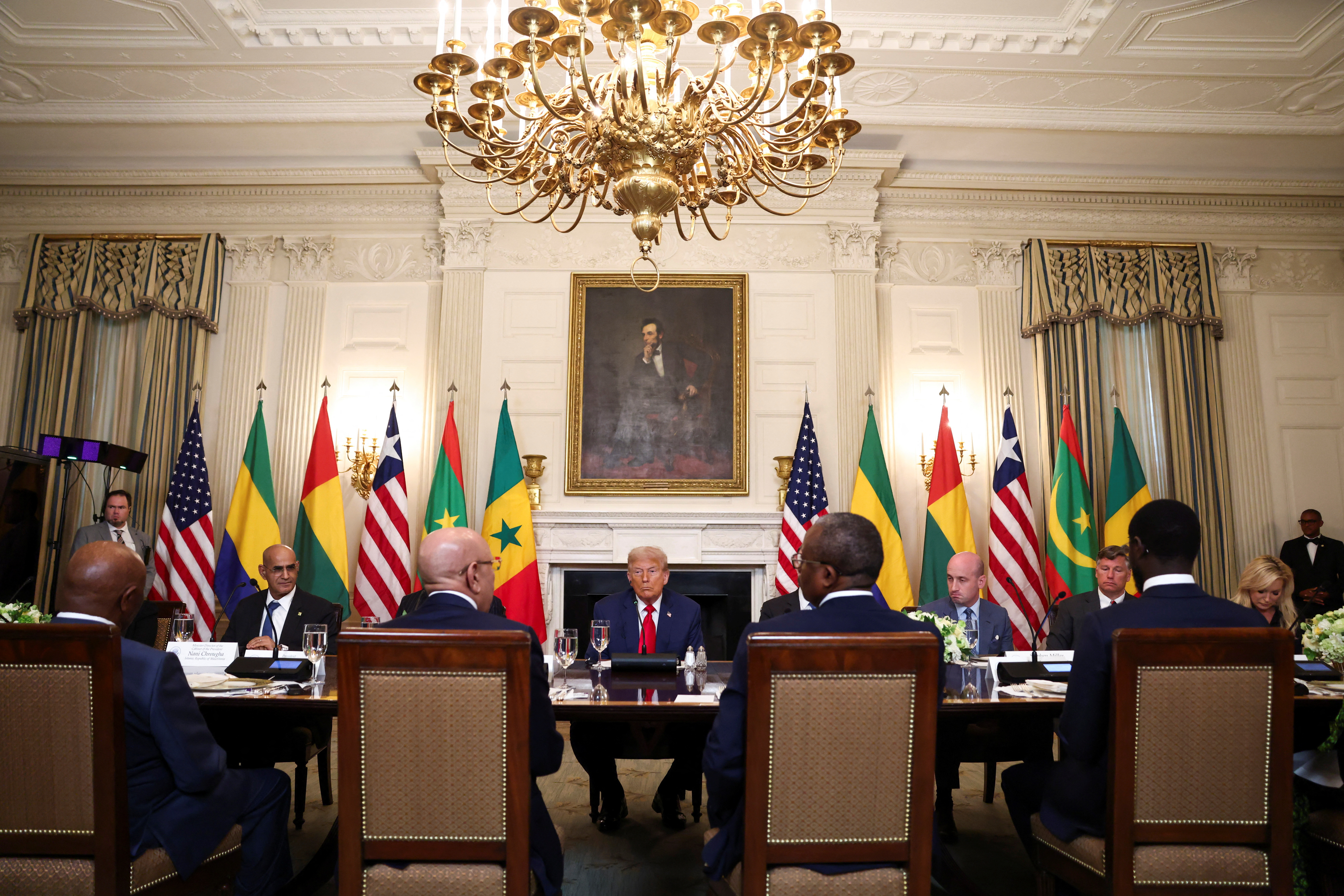 U.S. President Donald Trump hosts a lunch for African leaders of Gabon, Guinea-Bissau, Liberia, Mauritania, and Senegal in the State Dining Room at the White House in Washington, D.C., U.S., July 9, 2025.