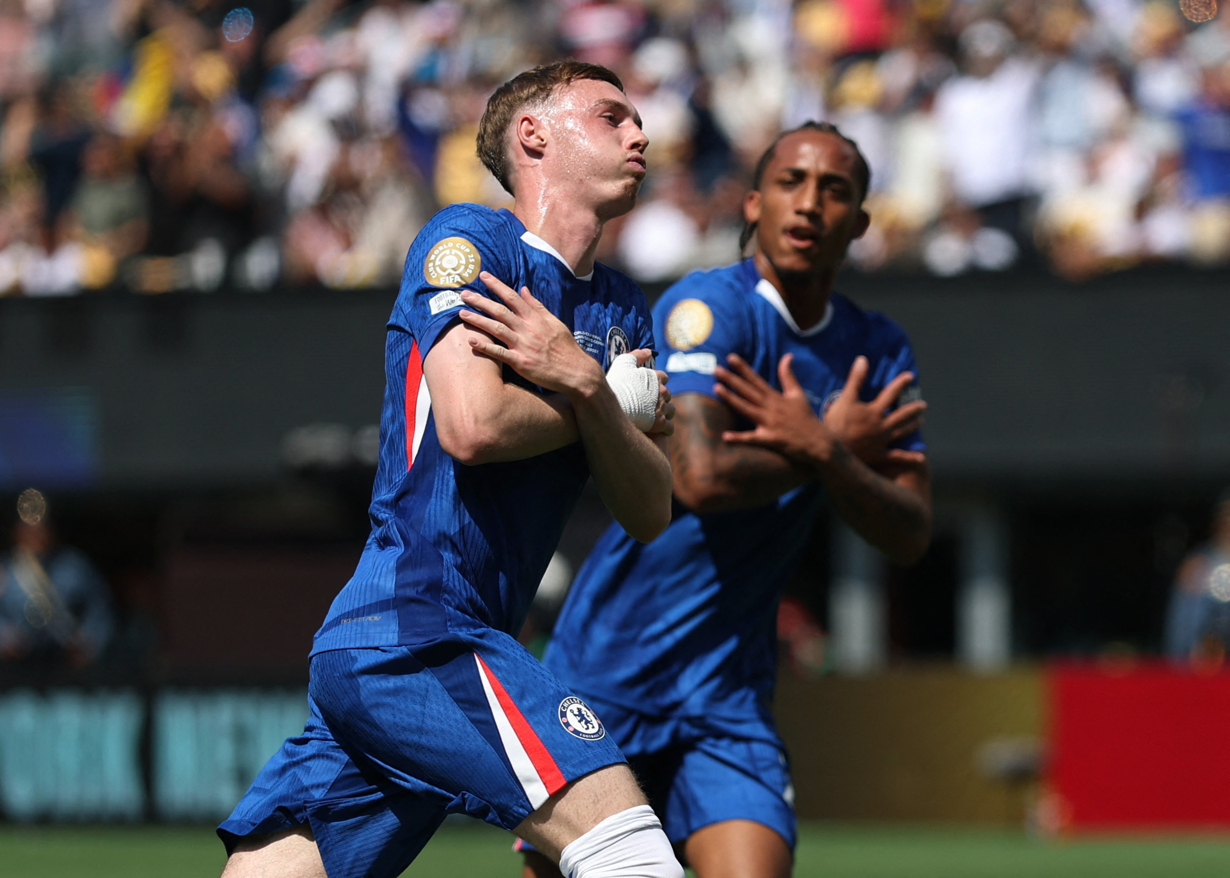 FIFA Club World Cup - Final - Chelsea v Paris St Germain - MetLife Stadium, East Rutherford, New Jersey, U.S. - July 13, 2025 Chelsea's Cole Palmer celebrates scoring their first goal