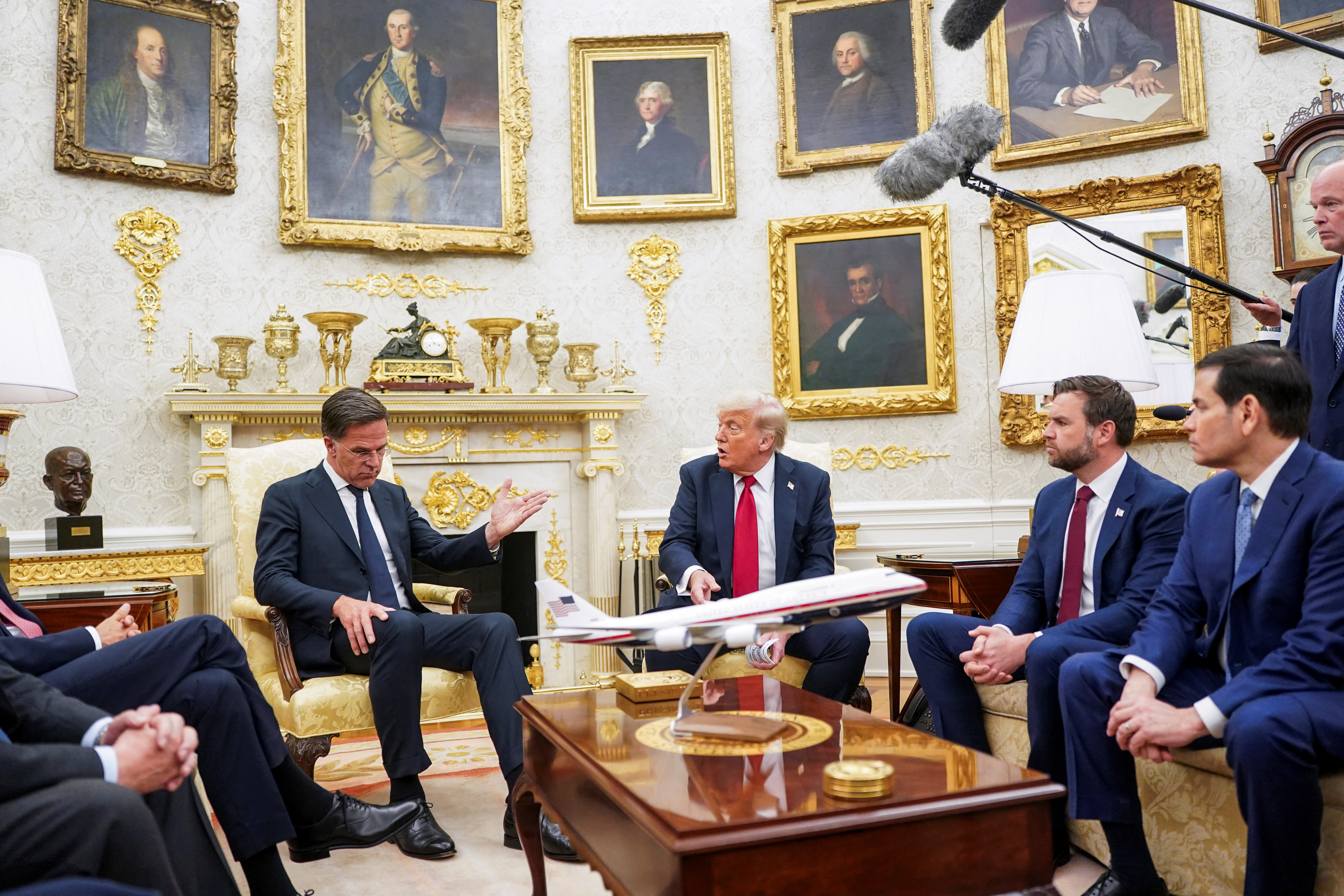 US President Donald Trump, flanked by Vice President JD Vance and U.S. Secretary of State Marco Rubio, meets with NATO Secretary General Mark Rutte in the Oval Office at the White House in Washington, DC., July 14, 2025. [Nathan Howard/Reuters]