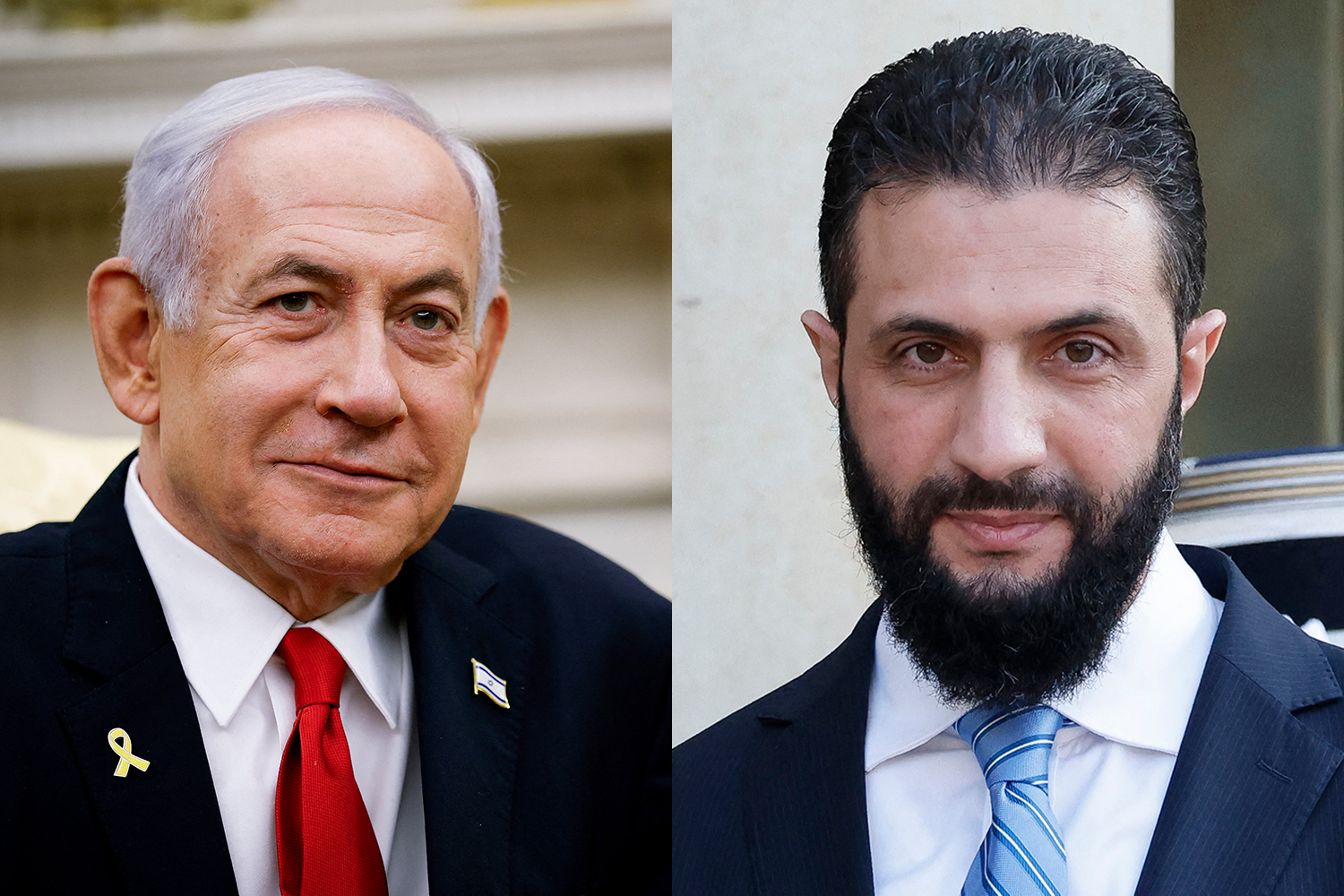 A composite of Israeli PM Netanyahu, left, and Syrian President Ahmed al-Sharaa, right