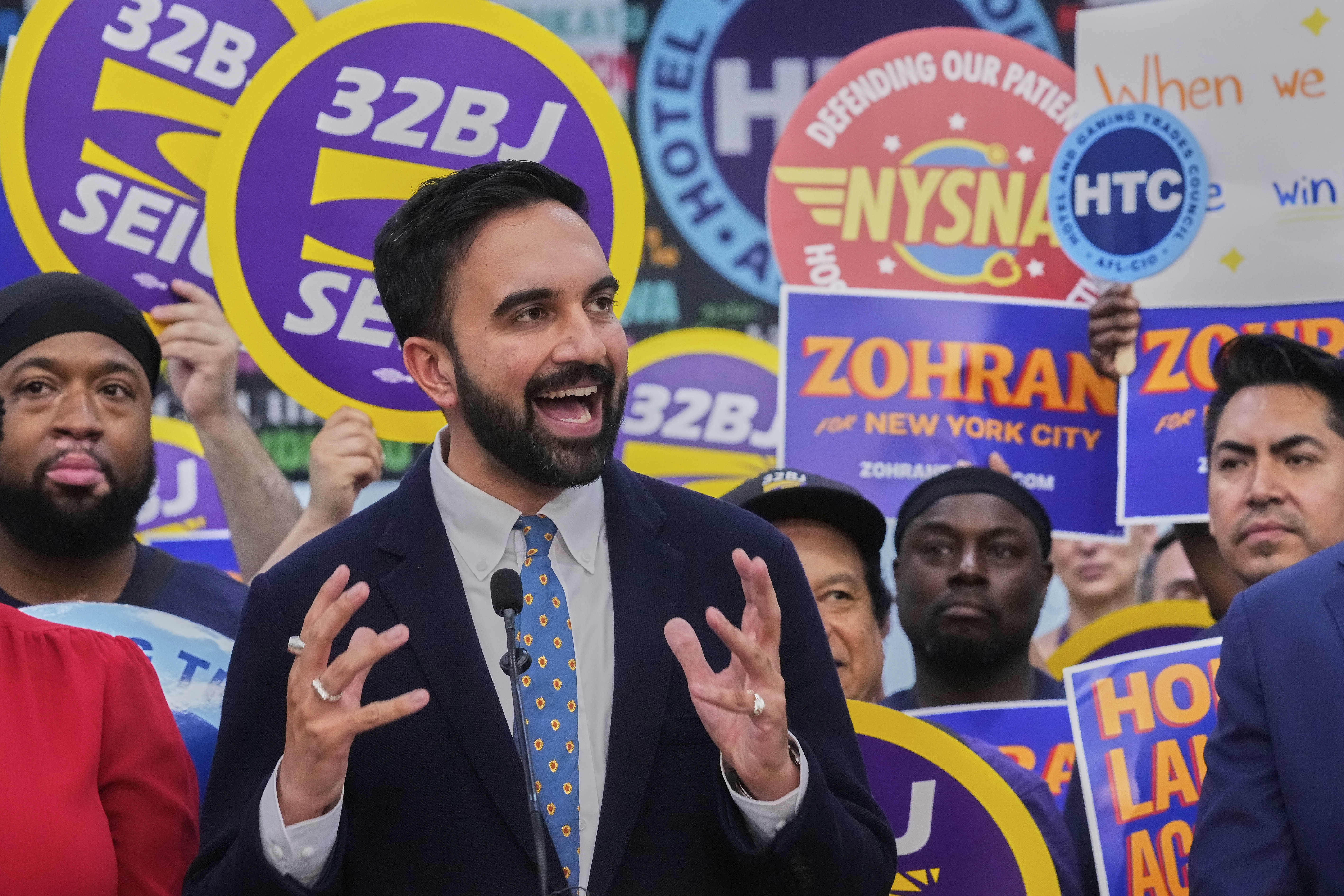 Democrat mayoral candidate Zohran Mamdani speaks during a rally at the Hotel & Gaming Trades Council headquarters in New York, Wednesday, July 2, 2025. (AP Photo/Richard Drew)