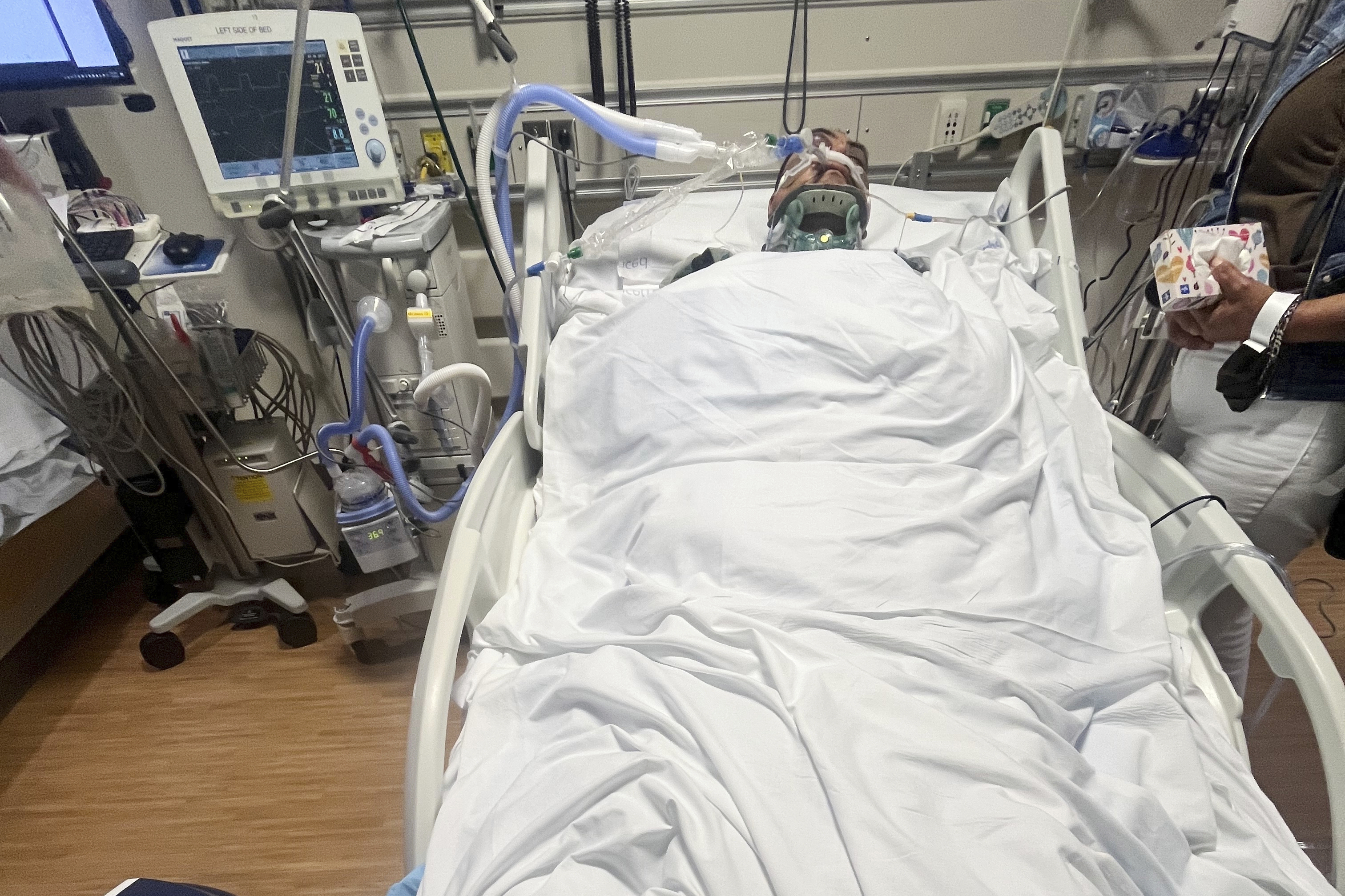 This undated photo provided by his family shows Jaime Alanis inside Ventura County Medical Center, after he was injured during an immigration raid on Thursday, July 10, 2025 in Camarillo, Calif. (Family photo via AP)