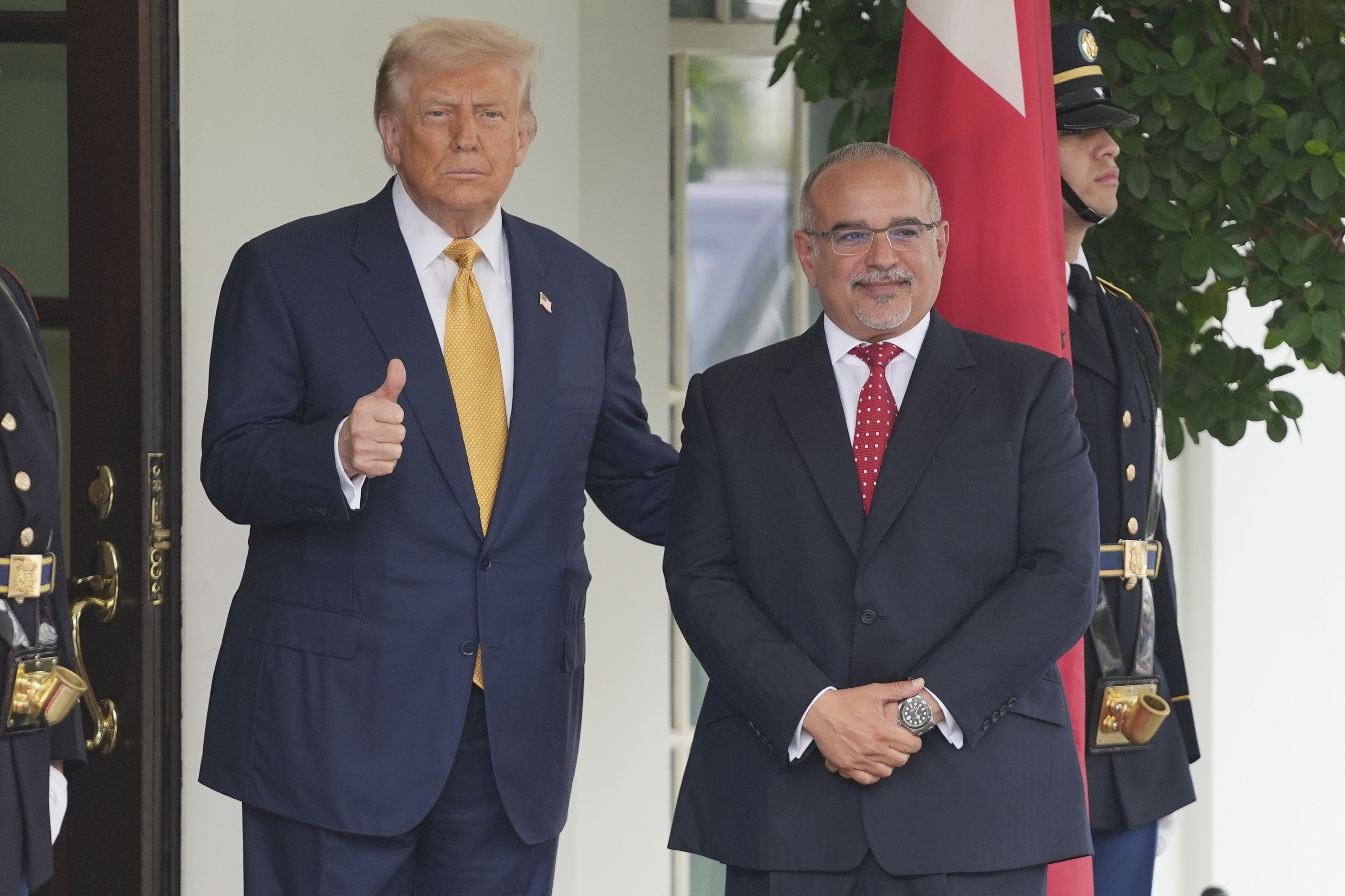 President Donald Trump greets Bahrain's Crown Prince Salman bin Hamad Al Khalifa at the White House, Wednesday, July 16, 2025, in Washington. (AP Photo/Evan Vucci)