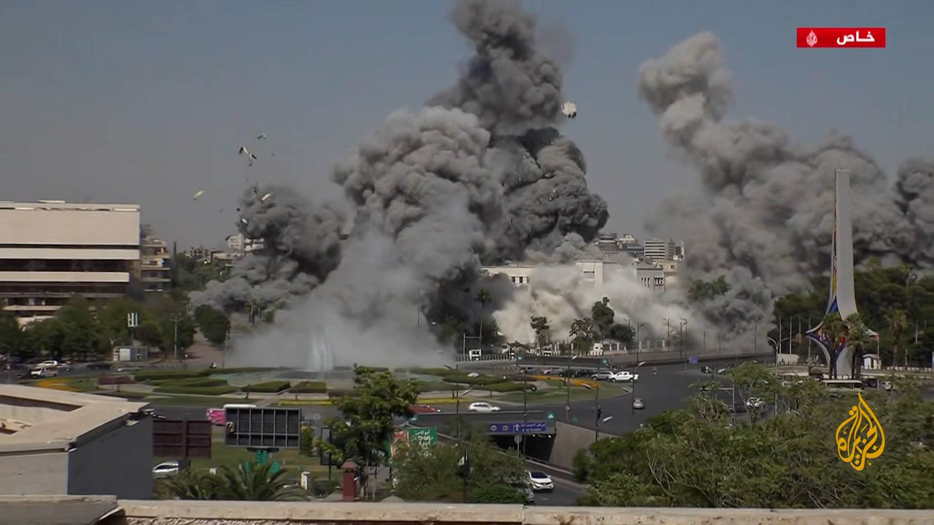 An Al Jazeera Arabic live report captured an Israeli strike hitting the Syrian military headquarters in central Damascus on July 16, 2025. [Screenshot via Al Jazeera Arabic]