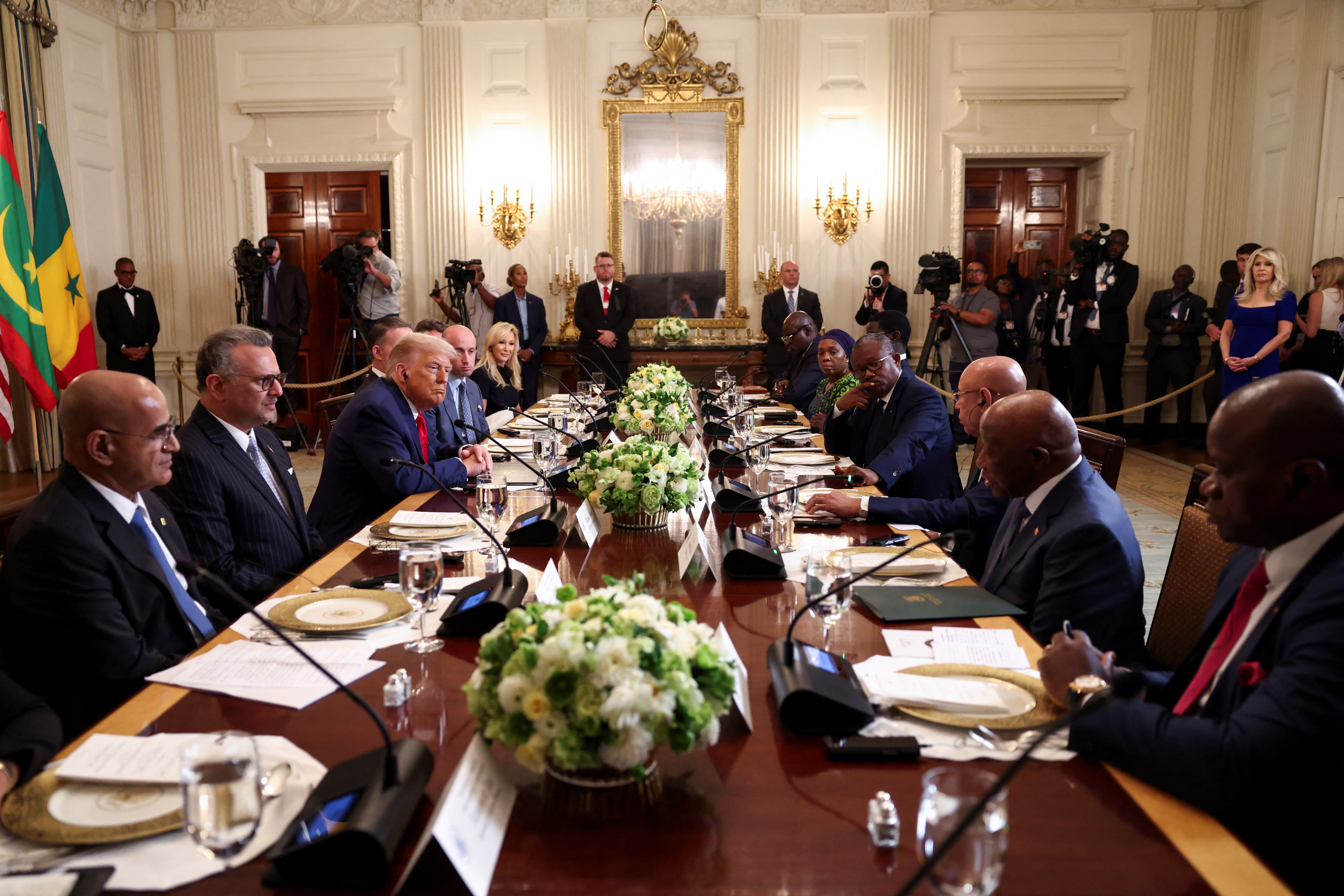 Senegal's President Bassirou Diomaye Faye, Guinea-Bissau's President Umaro Sissoco, Mauritania's President Mohamed Ould Ghazouani, Liberian President Joseph Boakai and Gabon's President Brice Oligui Nguema attend a lunch hosted by US President Donald Trump in the State Dining Room at the White House.