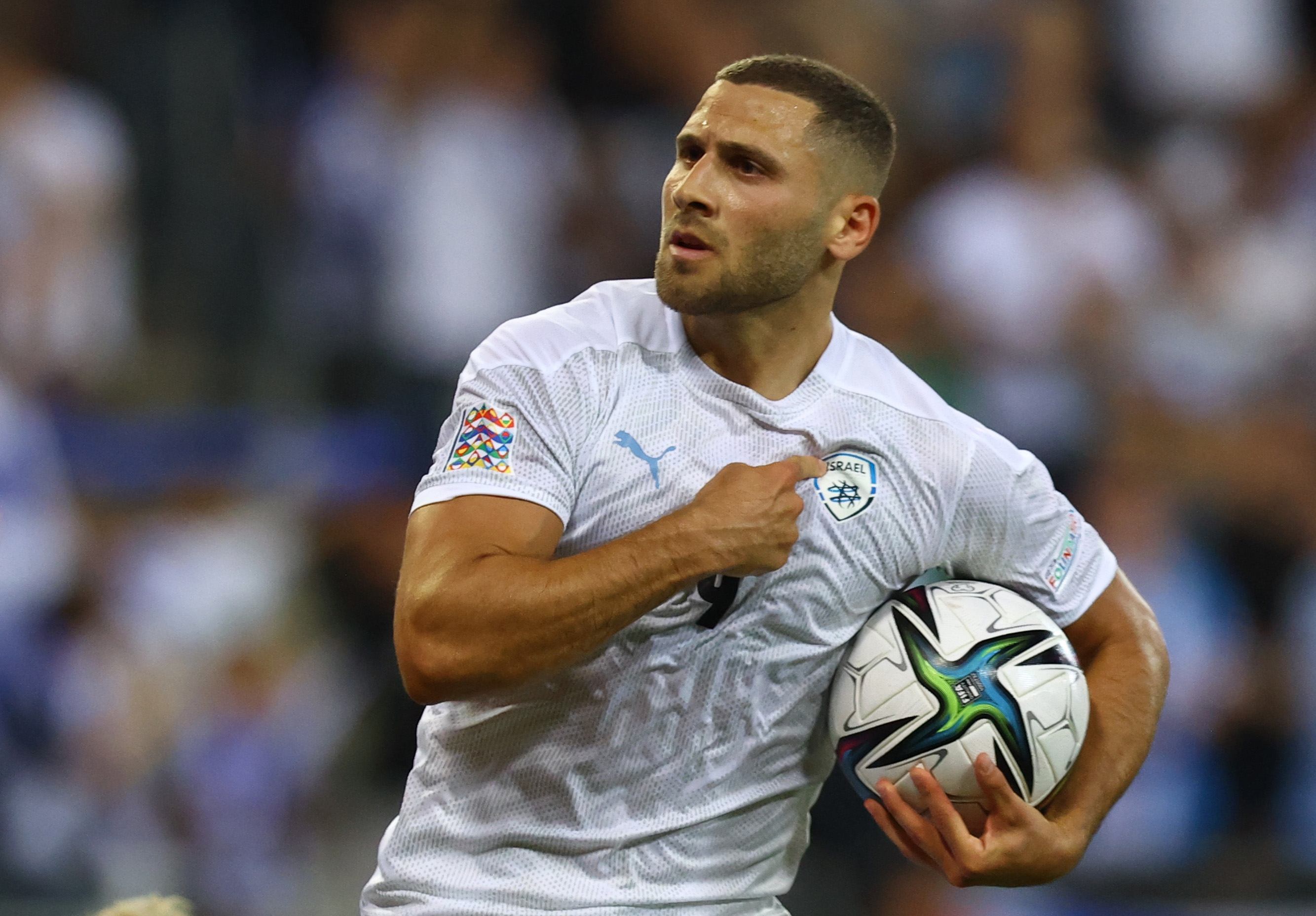 Israel's Shon Weissman celebrates scoring their second goal against Iceland in a UEFA Nations League match