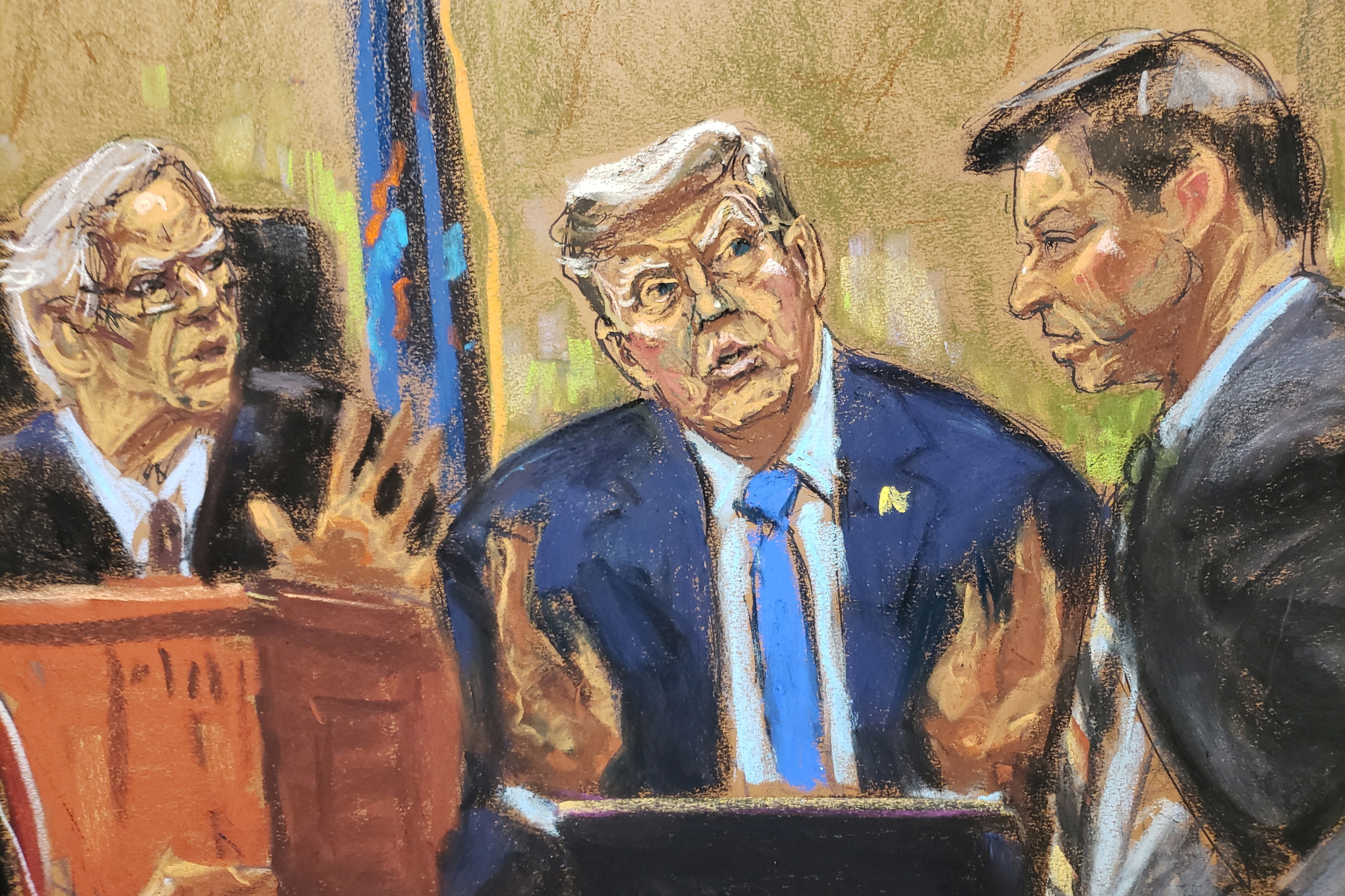 A courtroom sketch of Trump at the witness stand between prosecutor Kevin Wallace and Judge Arthur Engoron.