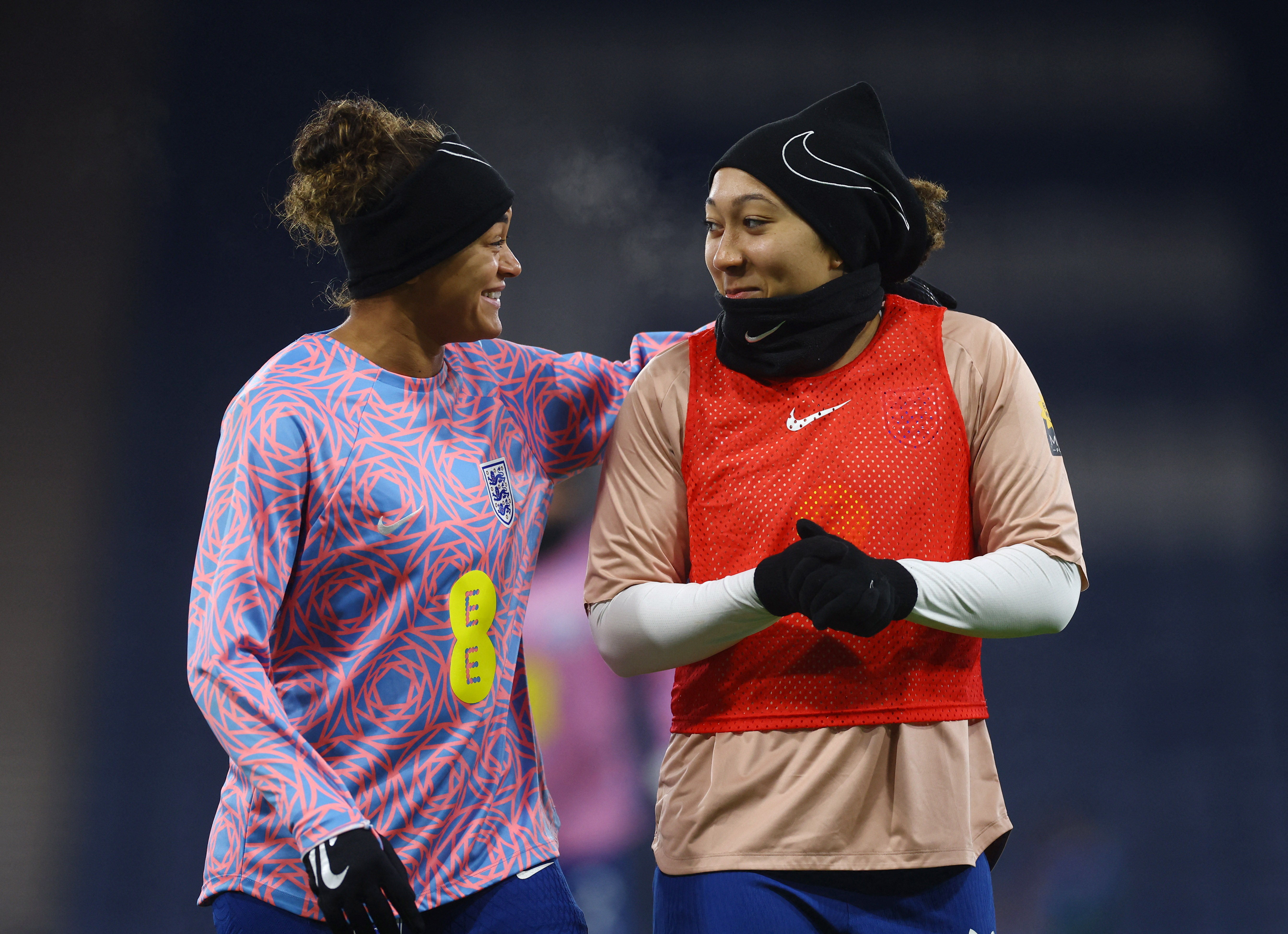 England's Jess Carter and Lauren James during a warm-up.
