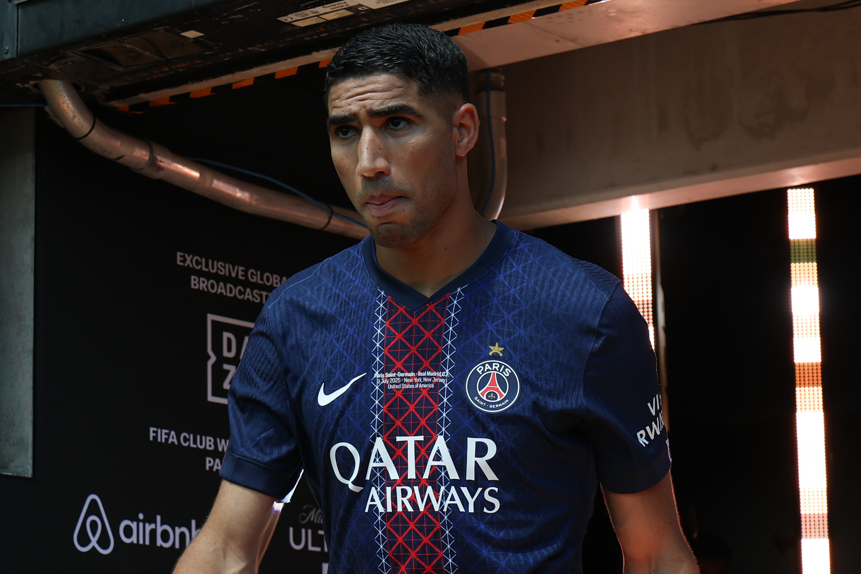 Paris Saint-Germain defender Achraf Hakimi (2) walks on to the pitch before a semifinal match of the 2025 FIFA Club World Cup against Real Madrid