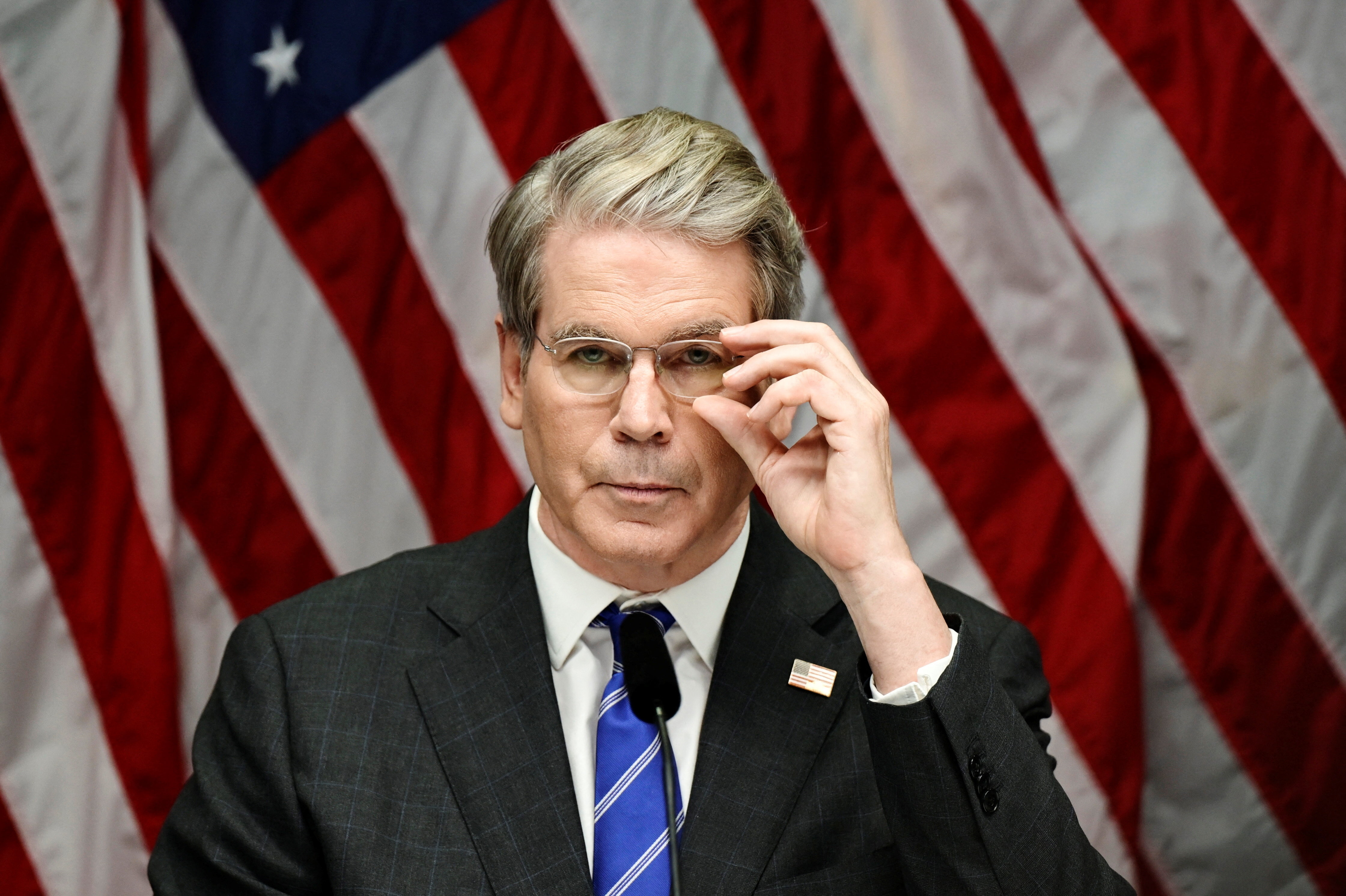 U.S. Treasury Secretary Scott Bessent attends a press conference at government quarters Rosenbad after the trade talks between the U.S. and China concluded, in Stockholm, Sweden, July 29, 2025. Magnus Lejhall/TT News Agency/via REUTERS ATTENTION EDITORS - THIS IMAGE WAS PROVIDED BY A THIRD PARTY. SWEDEN OUT. NO COMMERCIAL OR EDITORIAL SALES IN SWEDEN.