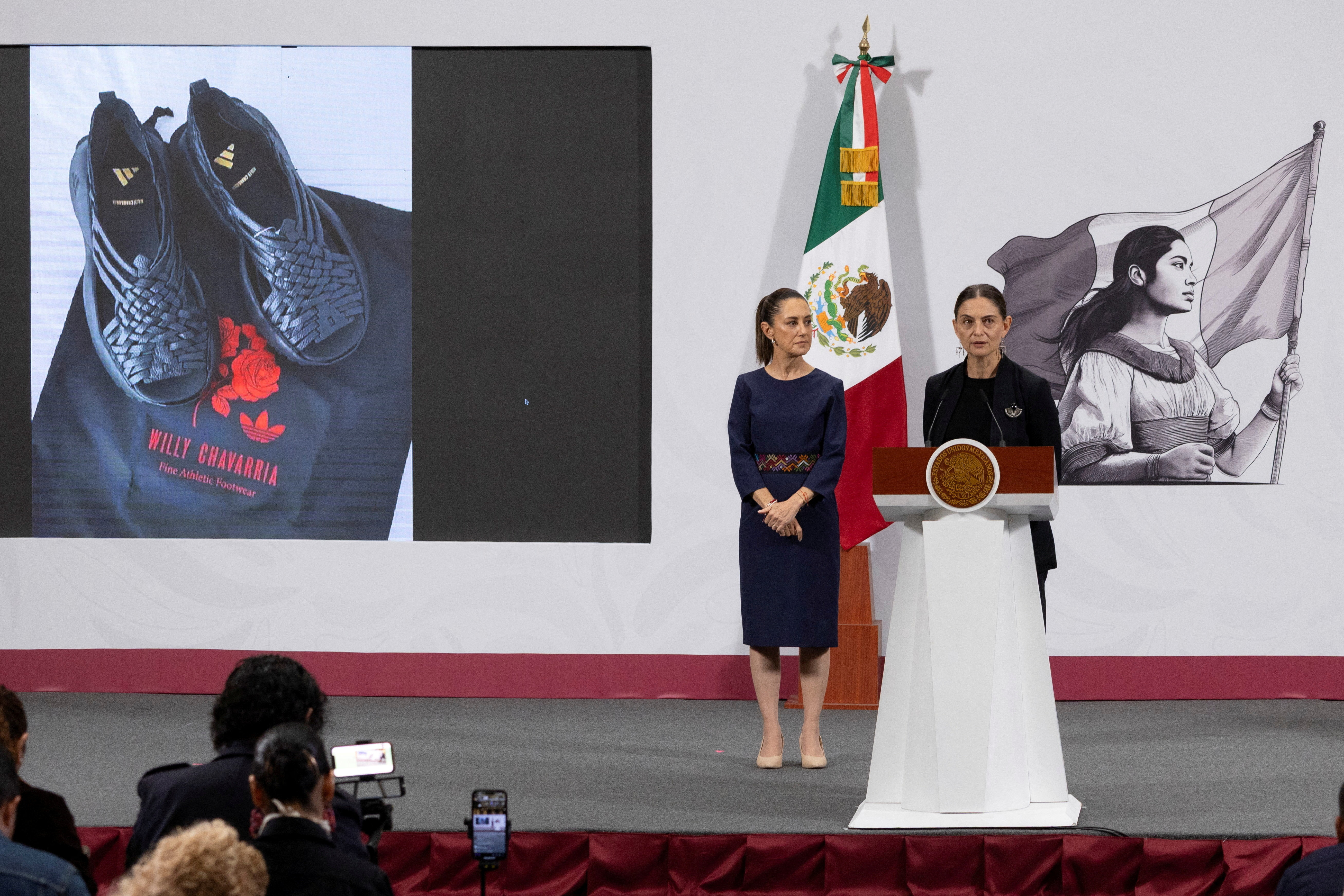 Marina Nunez Bespalova, Mexico's Undersecretary of Cultural Development, speaks during President Claudia Sheinbaum's morning press conference at the National Palace to condemn Adidas and U.S. designer Willy Chavarria over the 