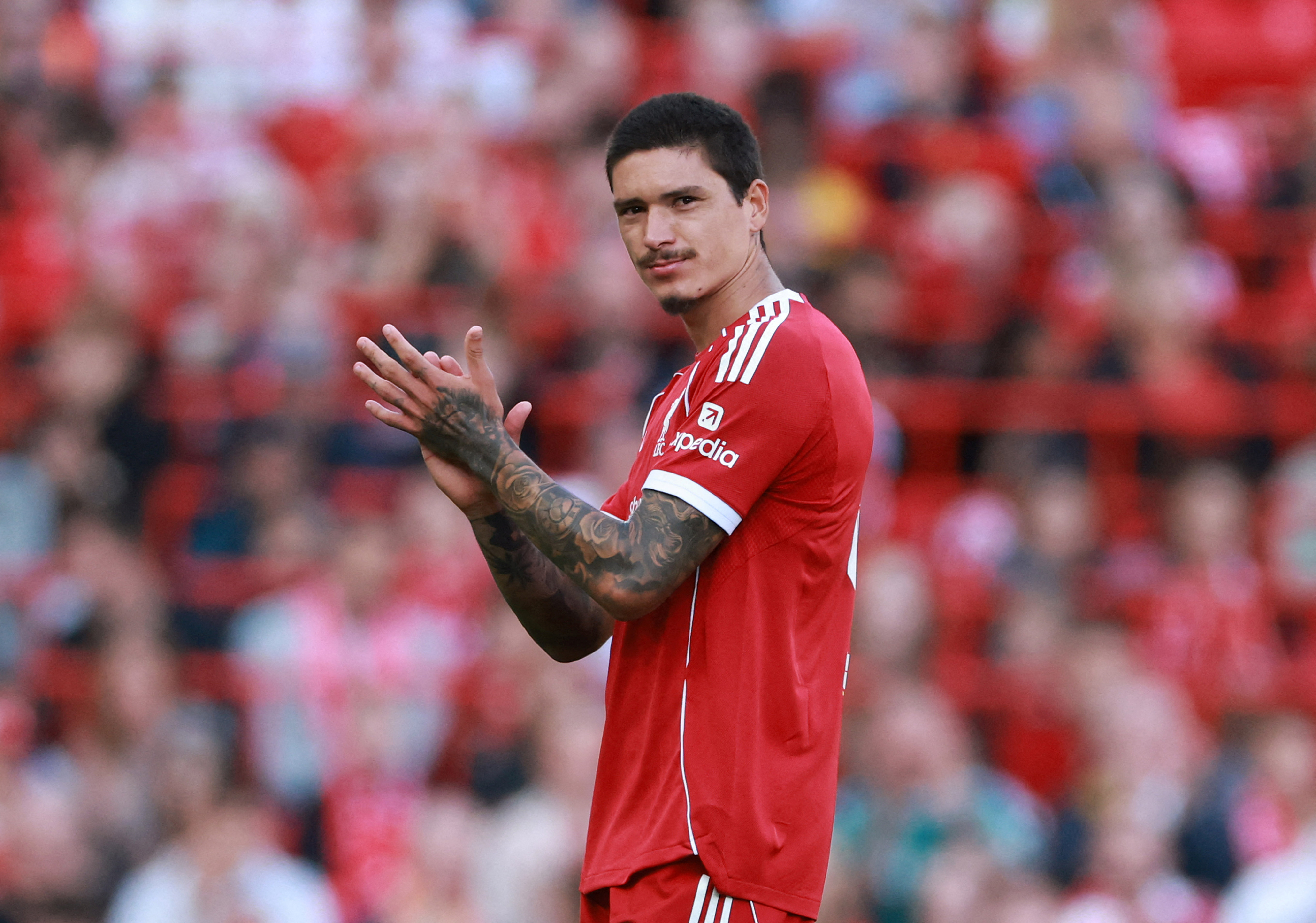Liverpool's Darwin Nunez applauds fans as he is substituted during the friendly with Athletic Bilbao on Augest 4
