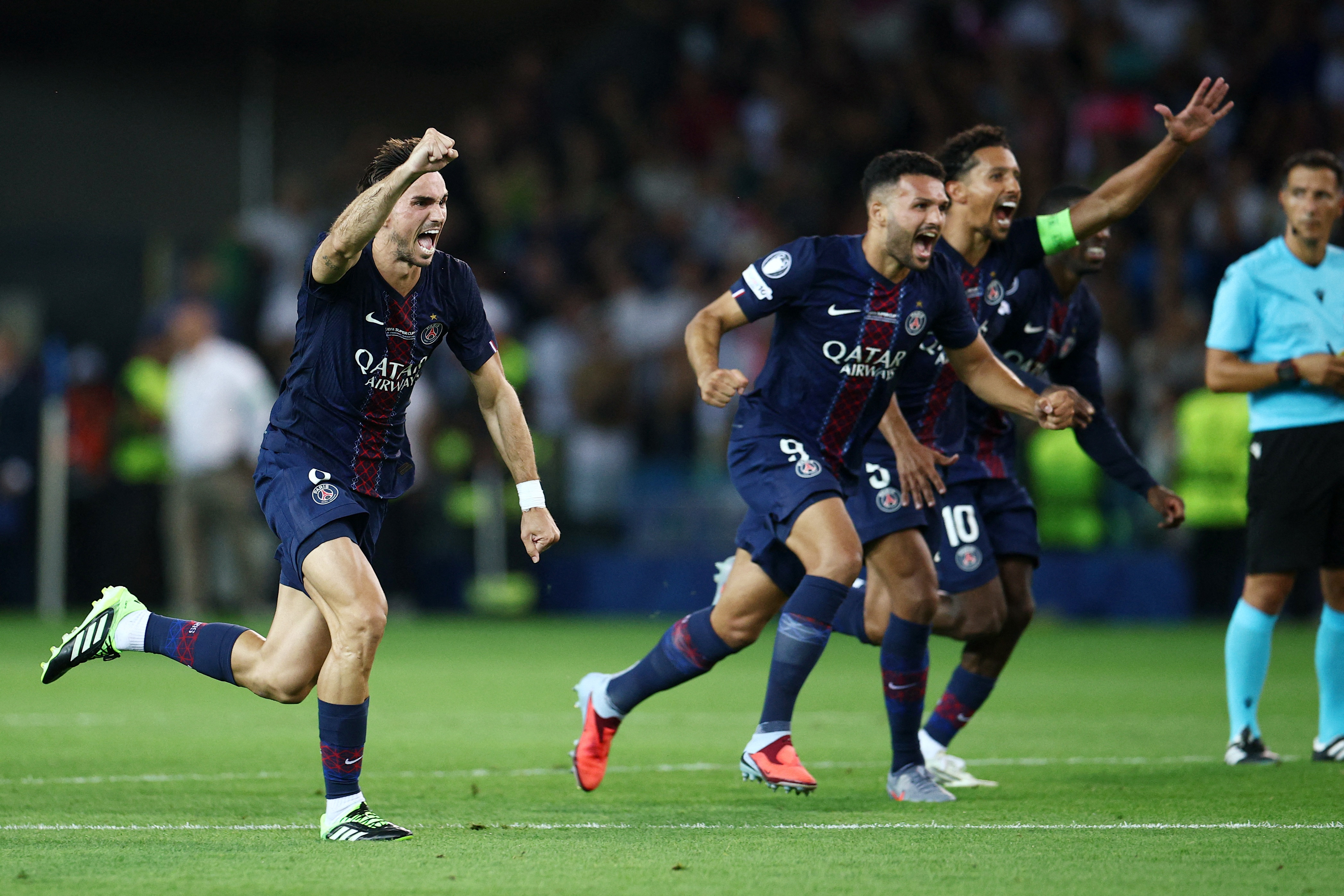 Paris Saint Germain's Fabian Ruiz, Goncalo Ramos and Marquinhos celebrate after winning the UEFA Super Cup