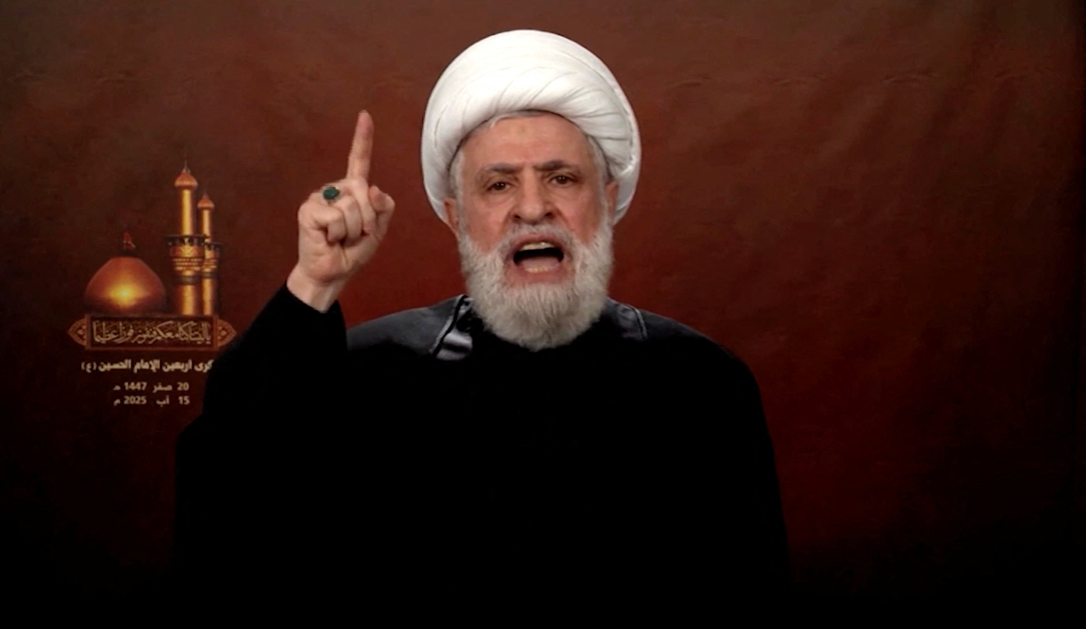 Lebanon's Hezbollah chief Naim Qassem gives a televised speech.