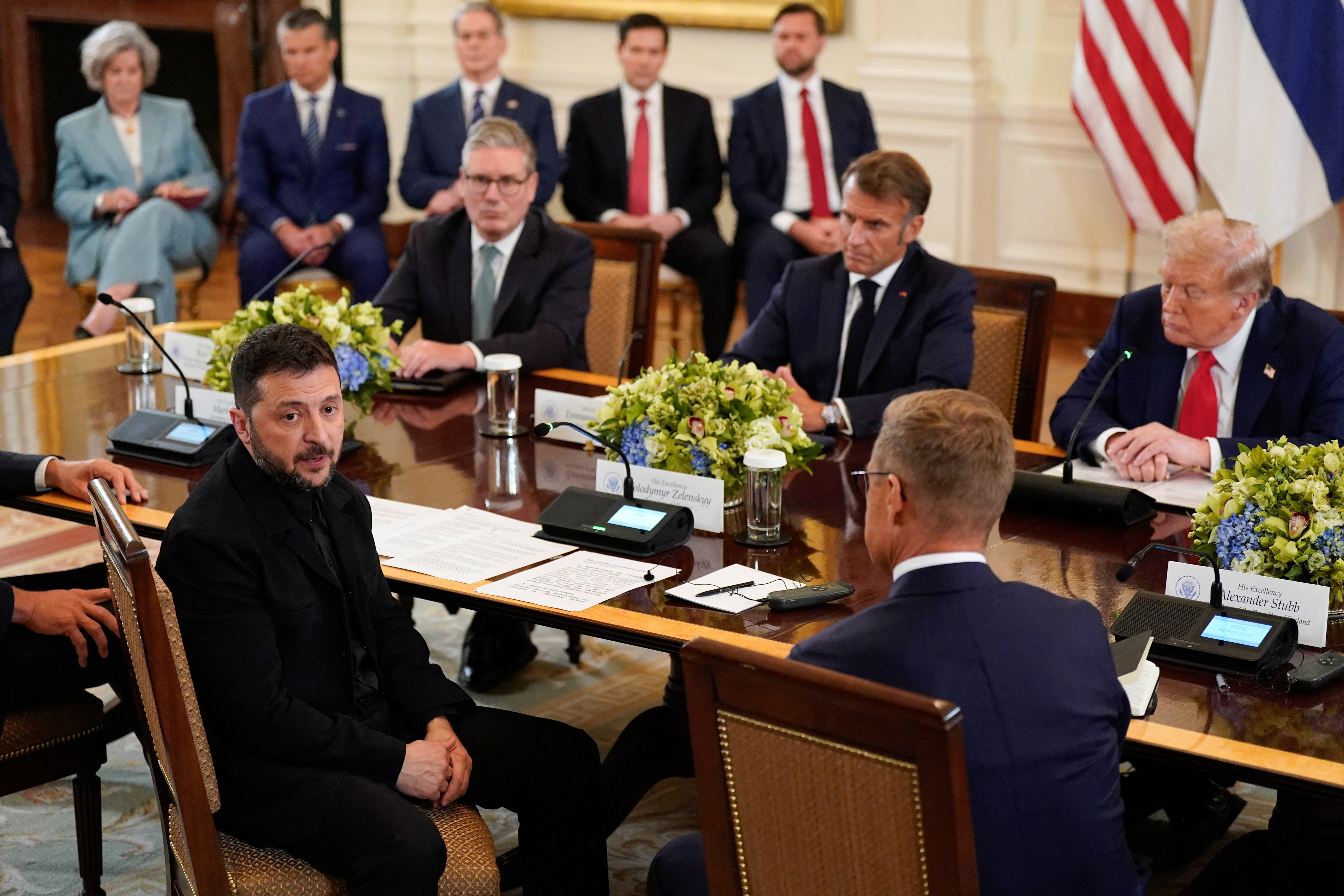 Ukrainian President Volodymyr Zelenskiy speaks during a meeting with US President Donald Trump, French President Emmanuel Macron, British Prime Minister Keir Starmer, and Finland's President Alexander Stubb
