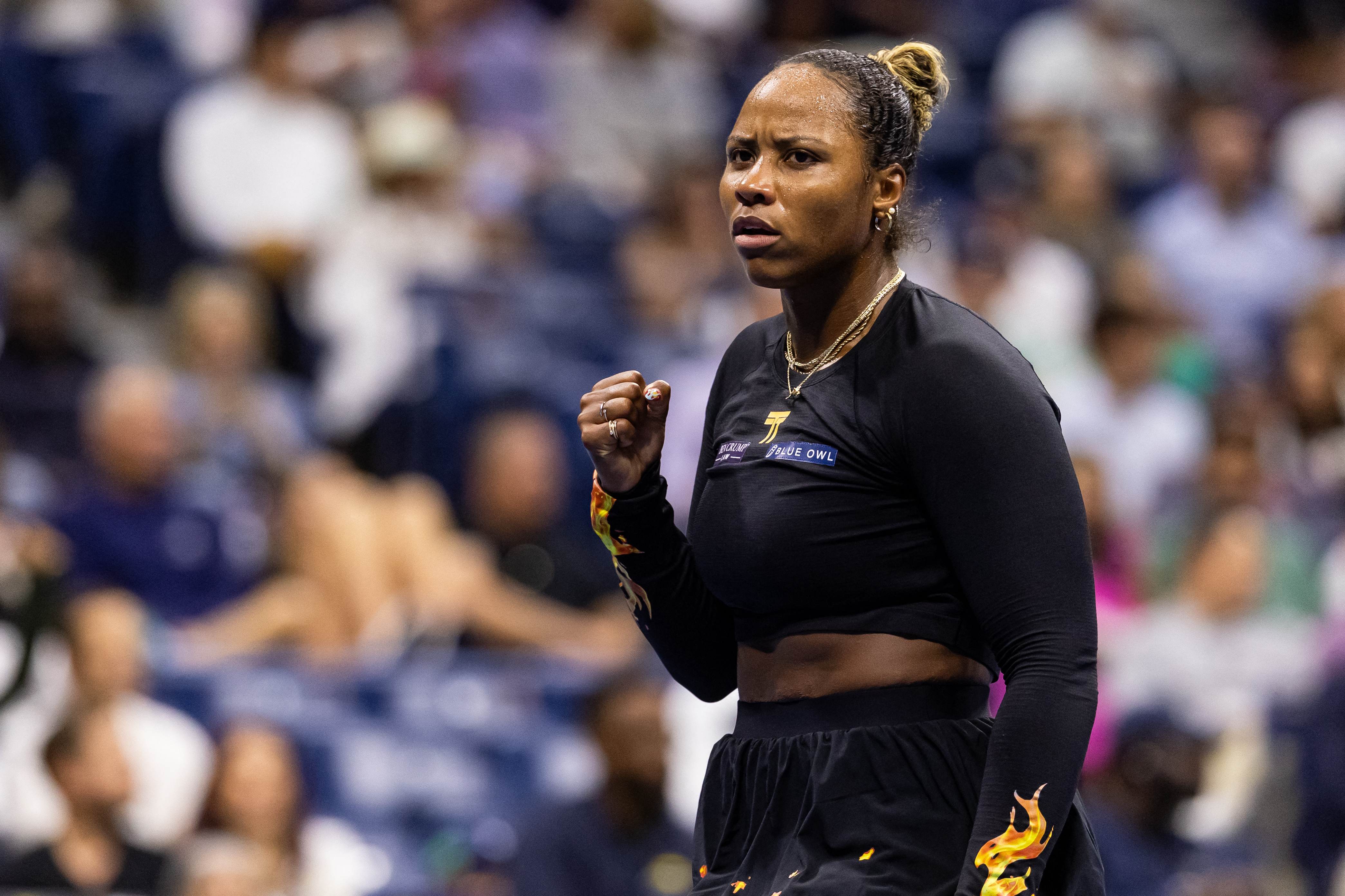 Taylor Townsend of the United States in action against Mirra Andreeva of Russia in the third round of the women’s singles at the US Open at Arthur Ashe Stadium in Billie Jean King National Tennis Center