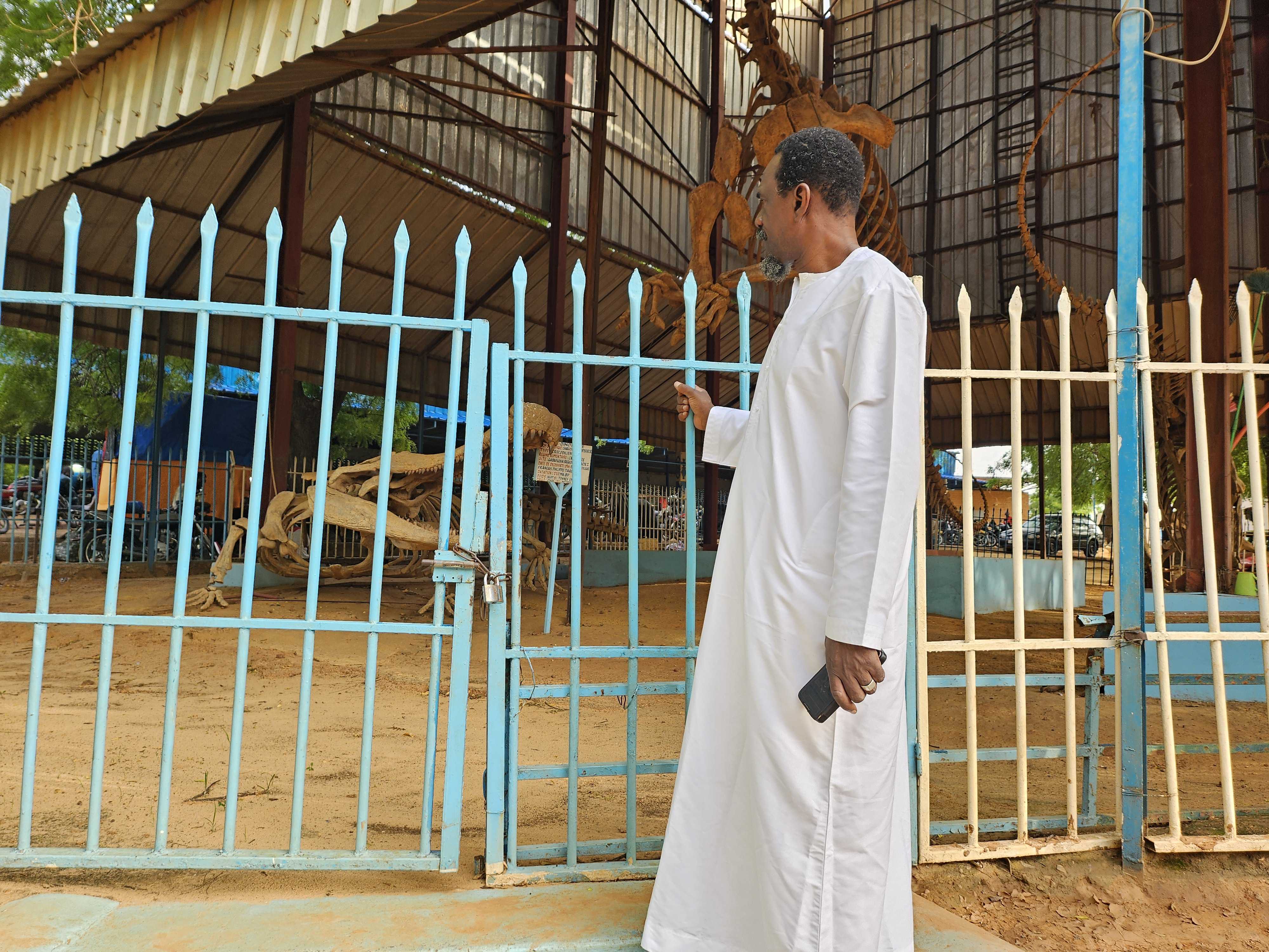 Museum director Adouramane Gabidan looks at fossils on display [Shola Lawal/Al Jazeera]
