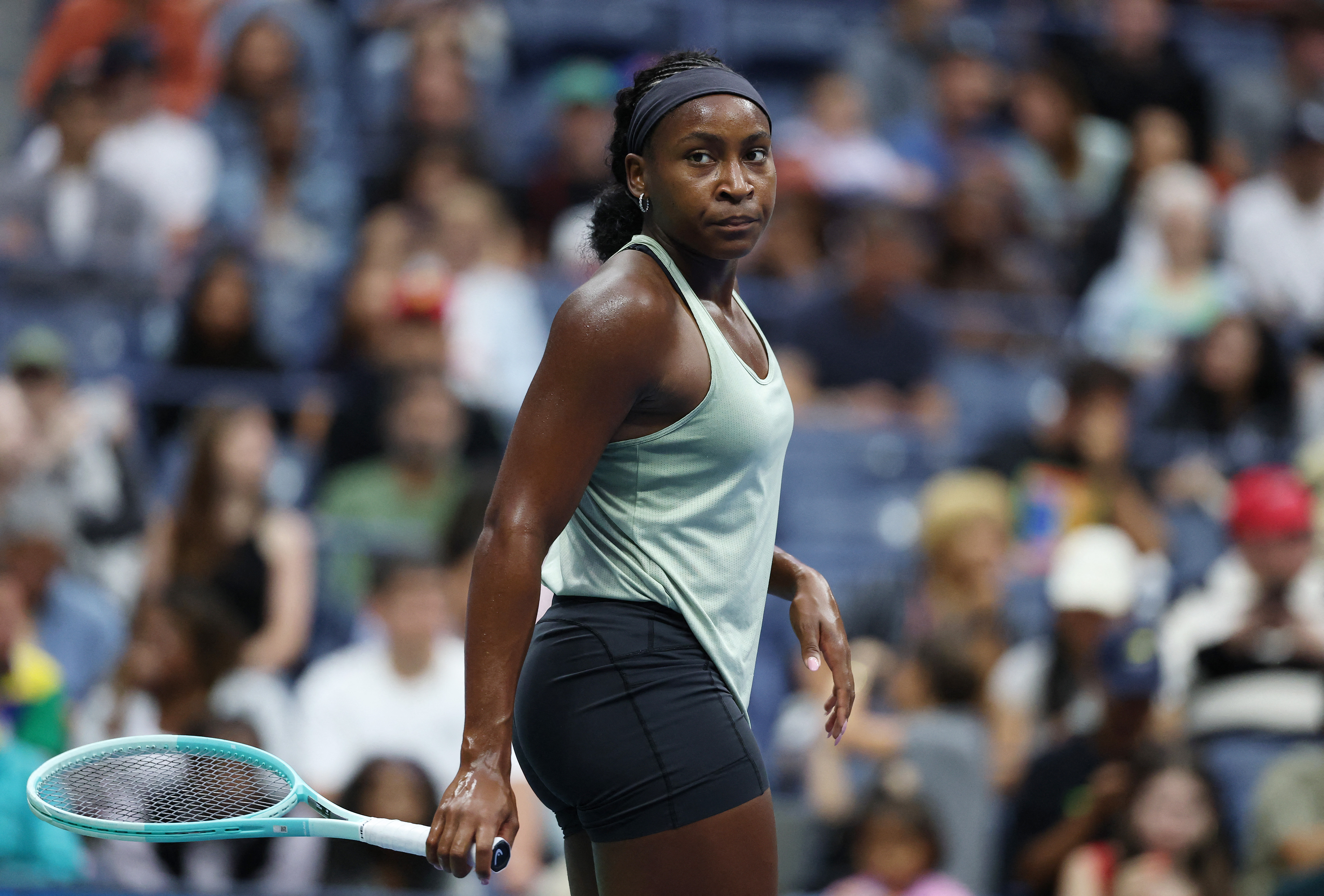 NEW YORK, NEW YORK - AUGUST 20: Coco Gauff looks on during a practice session prior to the start of the US Open at USTA Billie Jean King National Tennis Center on August 20, 2025 in New York City. Al Bello/Getty Images/AFP (Photo by AL BELLO / GETTY IMAGES NORTH AMERICA / Getty Images via AFP)