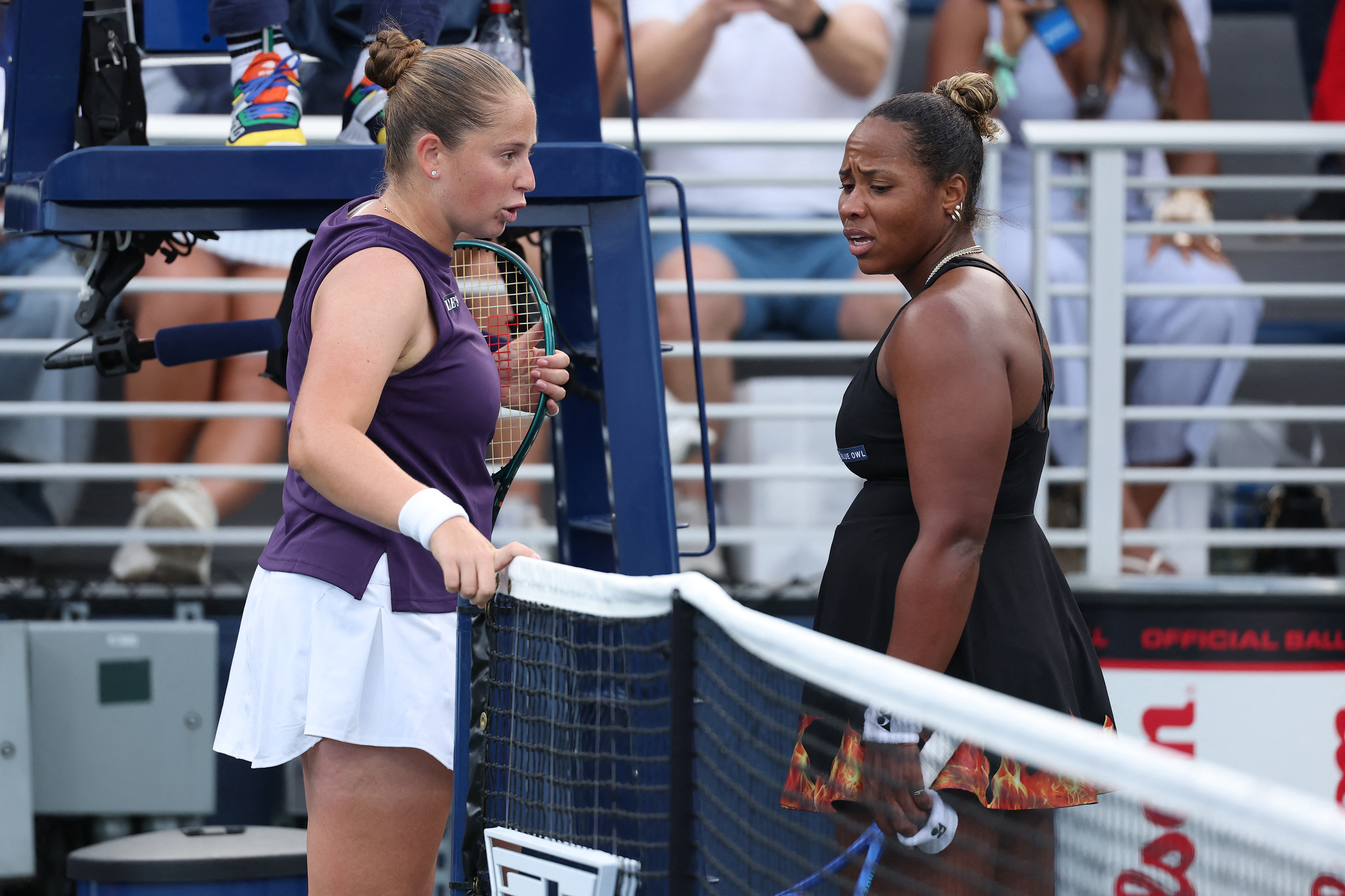 NEW YORK, NEW YORK - AUGUST 27: Taylor Townsend of the United States (R) greets Jelena Ostapenko of Latvia during their Women's Singles Second Round match on Day Four of the 2025 US Open at USTA Billie Jean King National Tennis Center on August 27, 2025 in the Flushing neighborhood of the Queens borough of New York City. Clive Brunskill/Getty Images/AFP (Photo by CLIVE BRUNSKILL / GETTY IMAGES NORTH AMERICA / Getty Images via AFP)