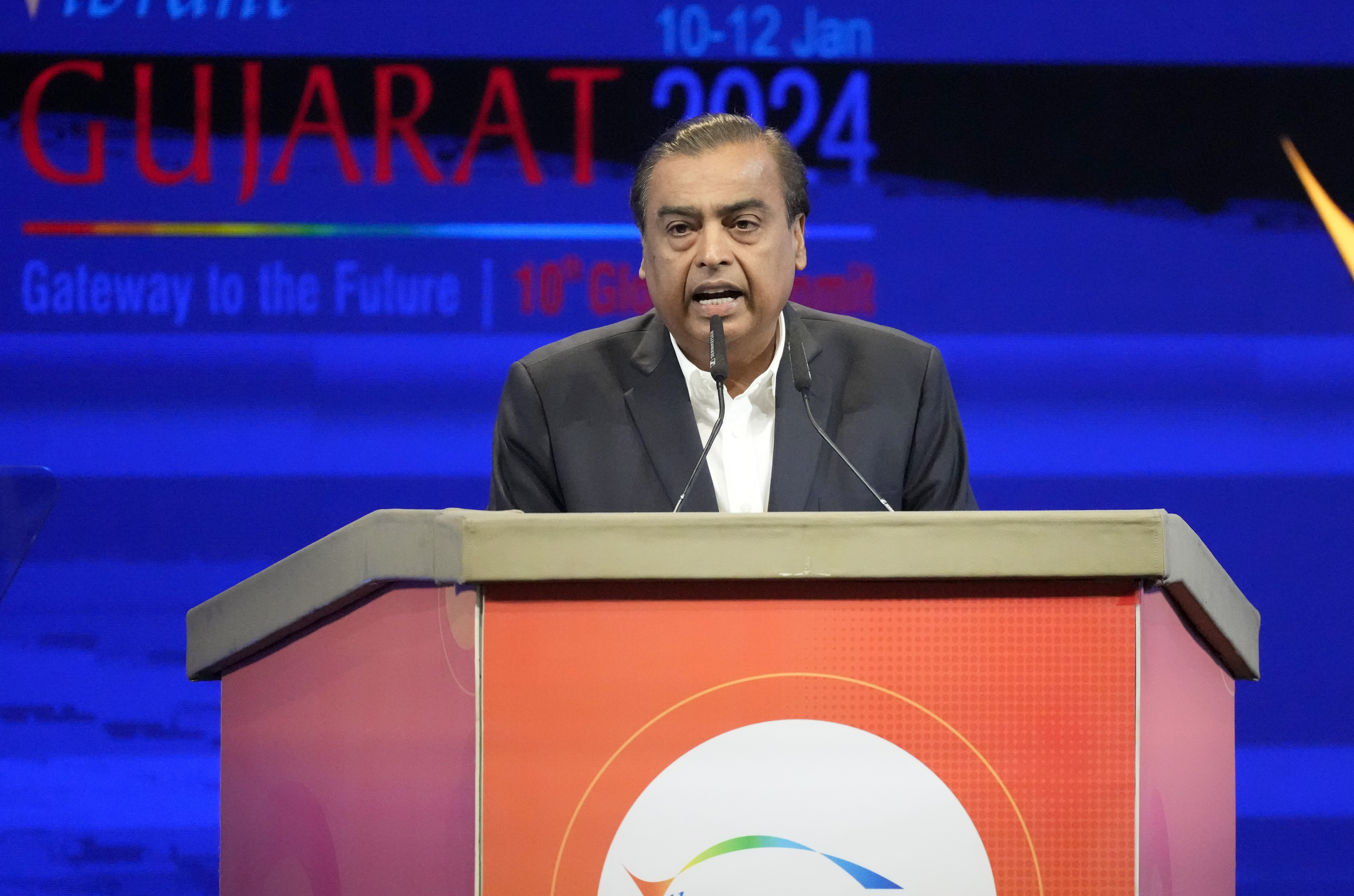 India's Reliance Industries Chairman Mukesh Ambani addresses the Vibrant Gujarat Global Summit in Gujarat, India