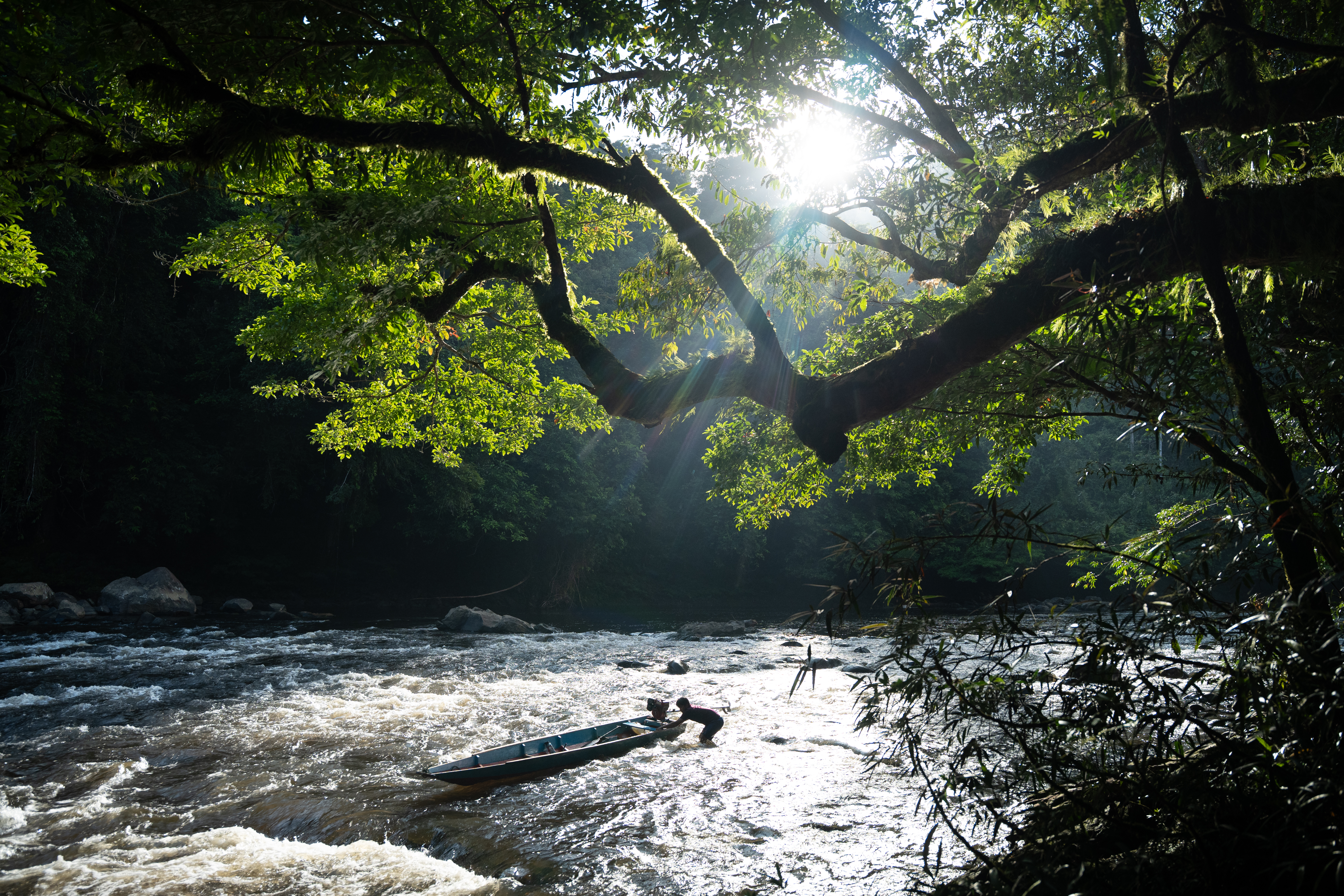 A community member of Long Moh village pushes a longboat in the Baram River. Longboats remain a common method of transport across Baram [Izzy Sasada/Al Jazeera]