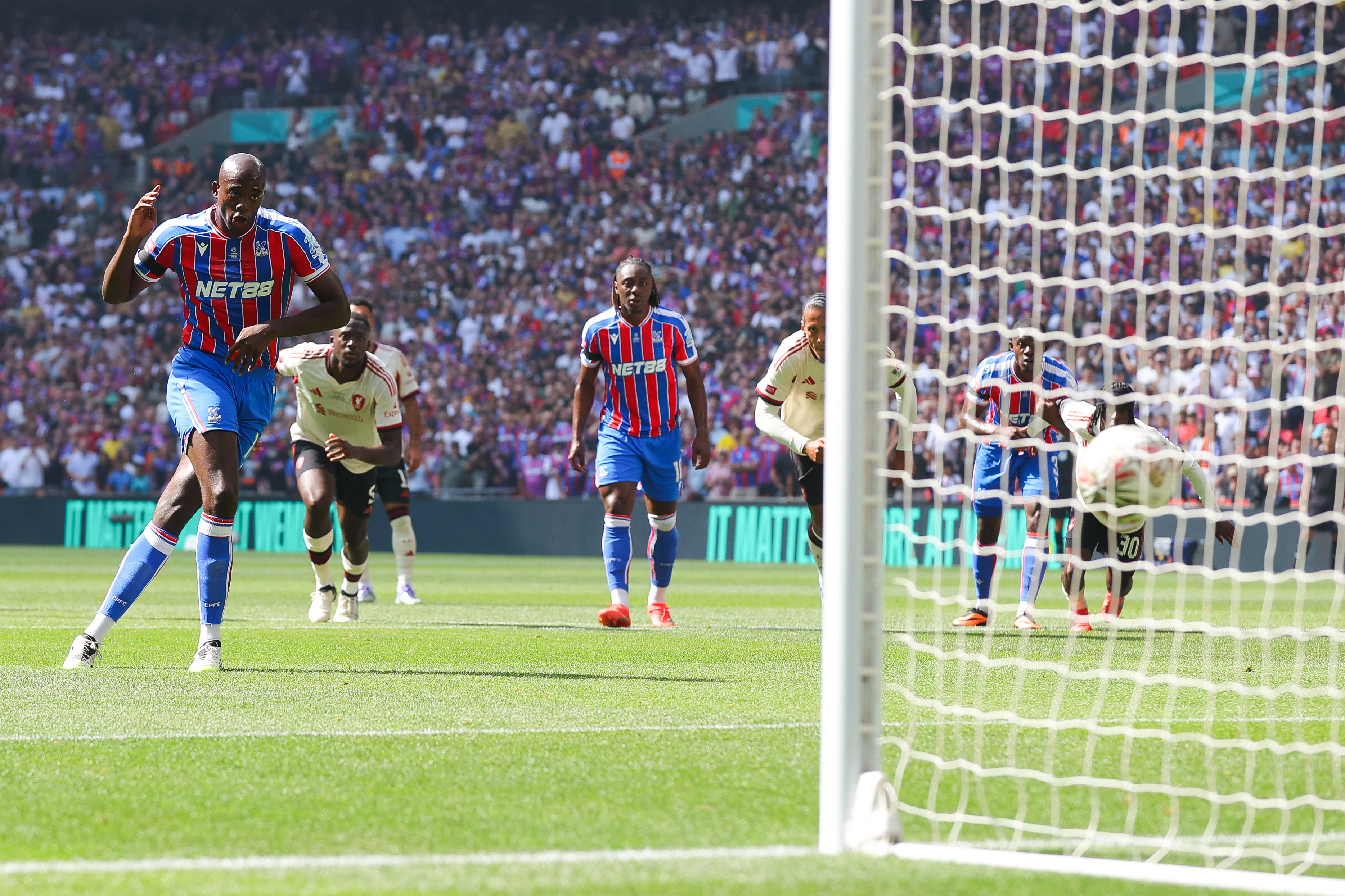 Jean-Phillippe Mateta of Crystal Palace scores their side's first goal from the penalty spot during the 2025 FA Community Shield match between Crystal Palace and Liverpool at Wembley Stadium