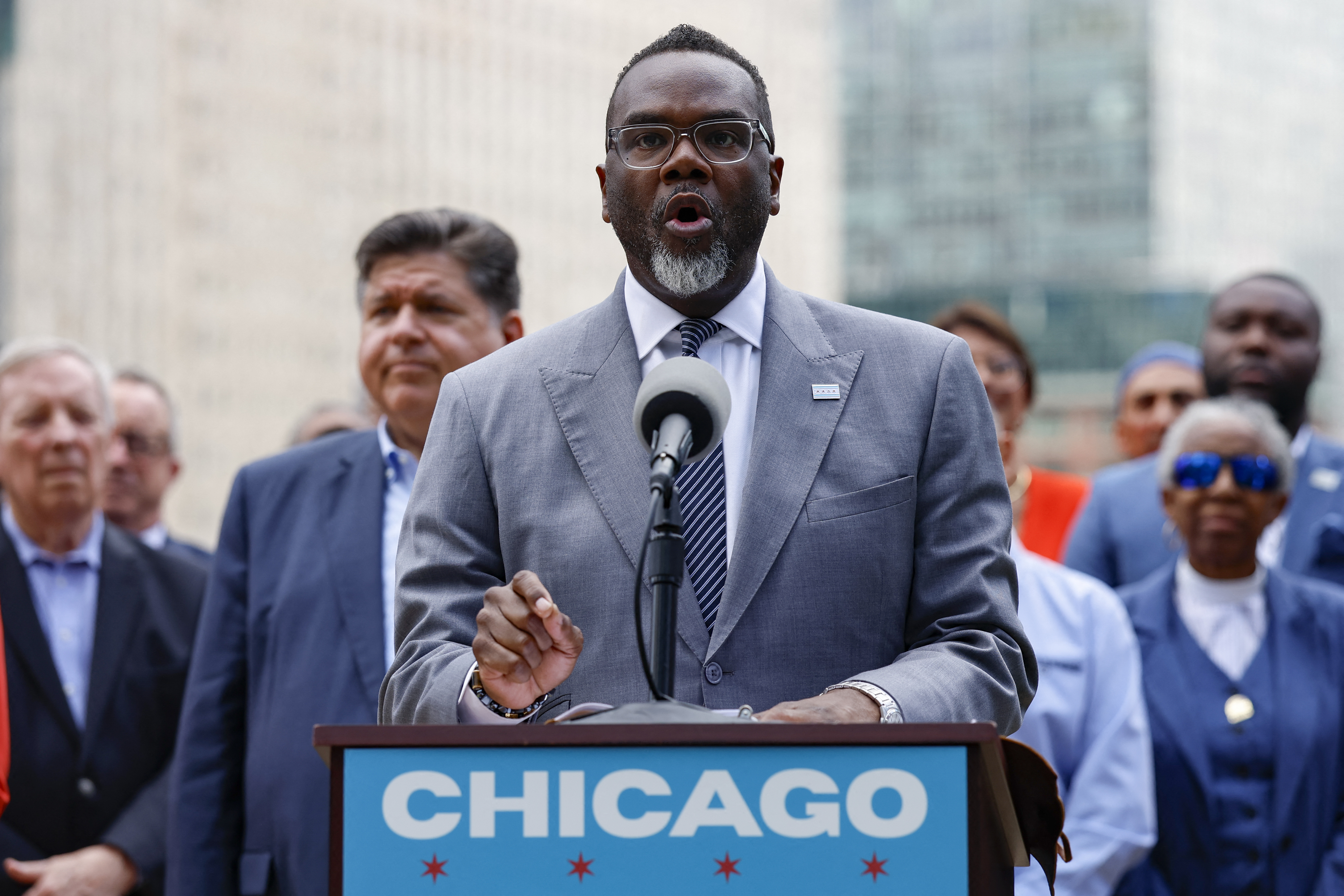 Chicago Mayor Brandon Johnson speaks during a press conference in Chicago, Illinois, on August 25, 2025.