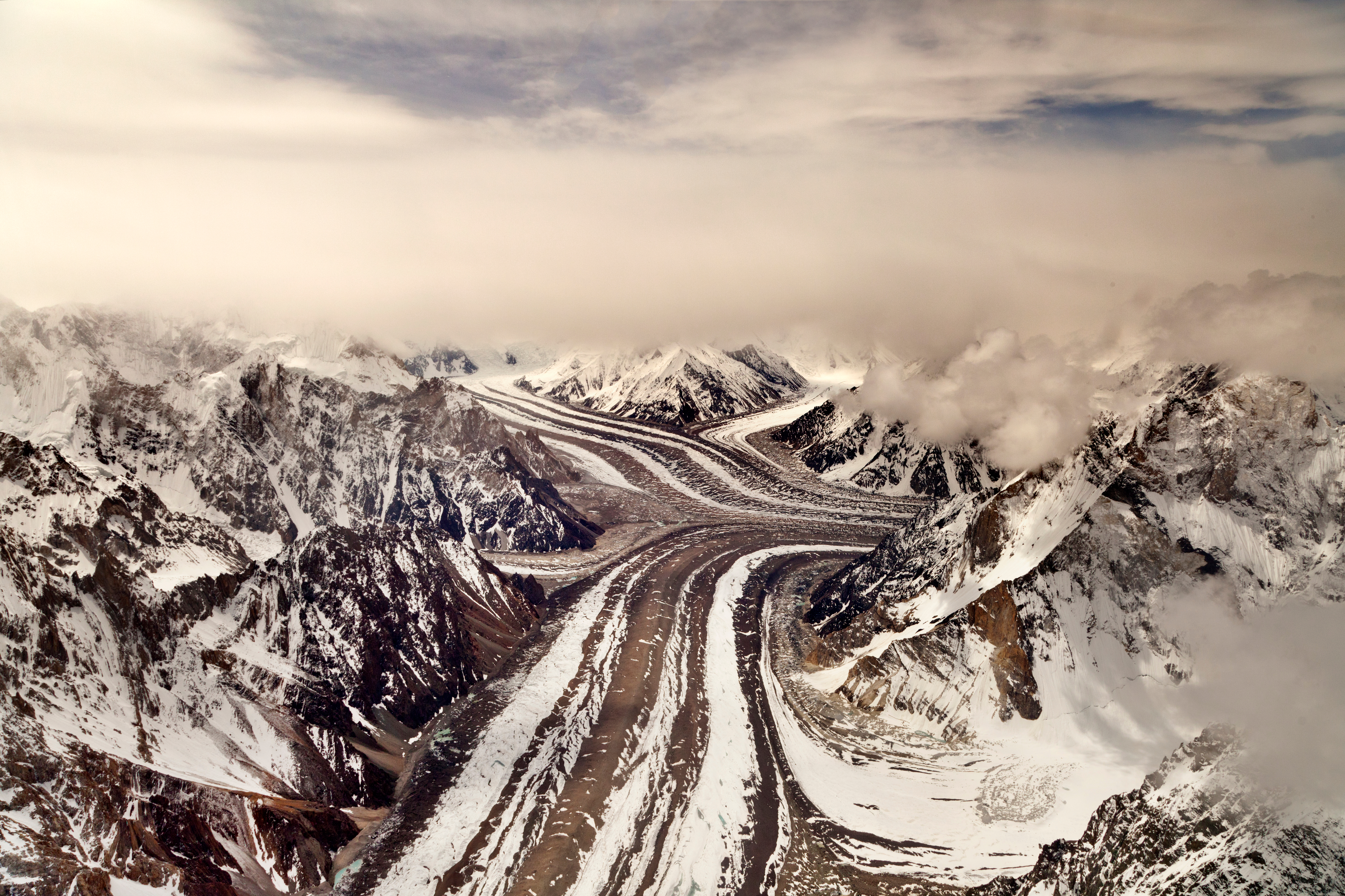 Aerial view of Baltoro Glacier in Gilgit-Baltistan.