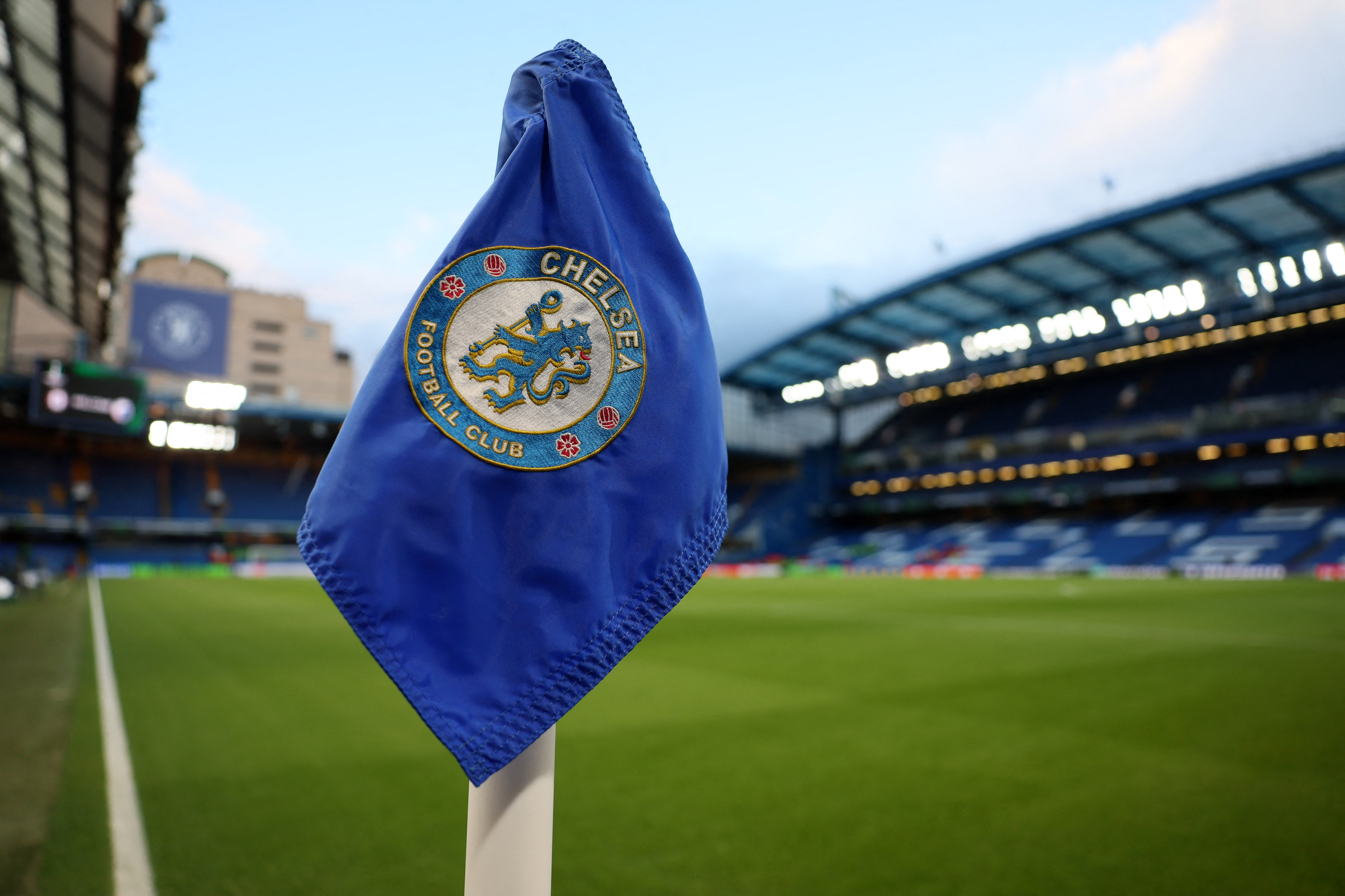 General view of a corner flag inside Chelsea's Stamford Bridge stadium before a Premier League game