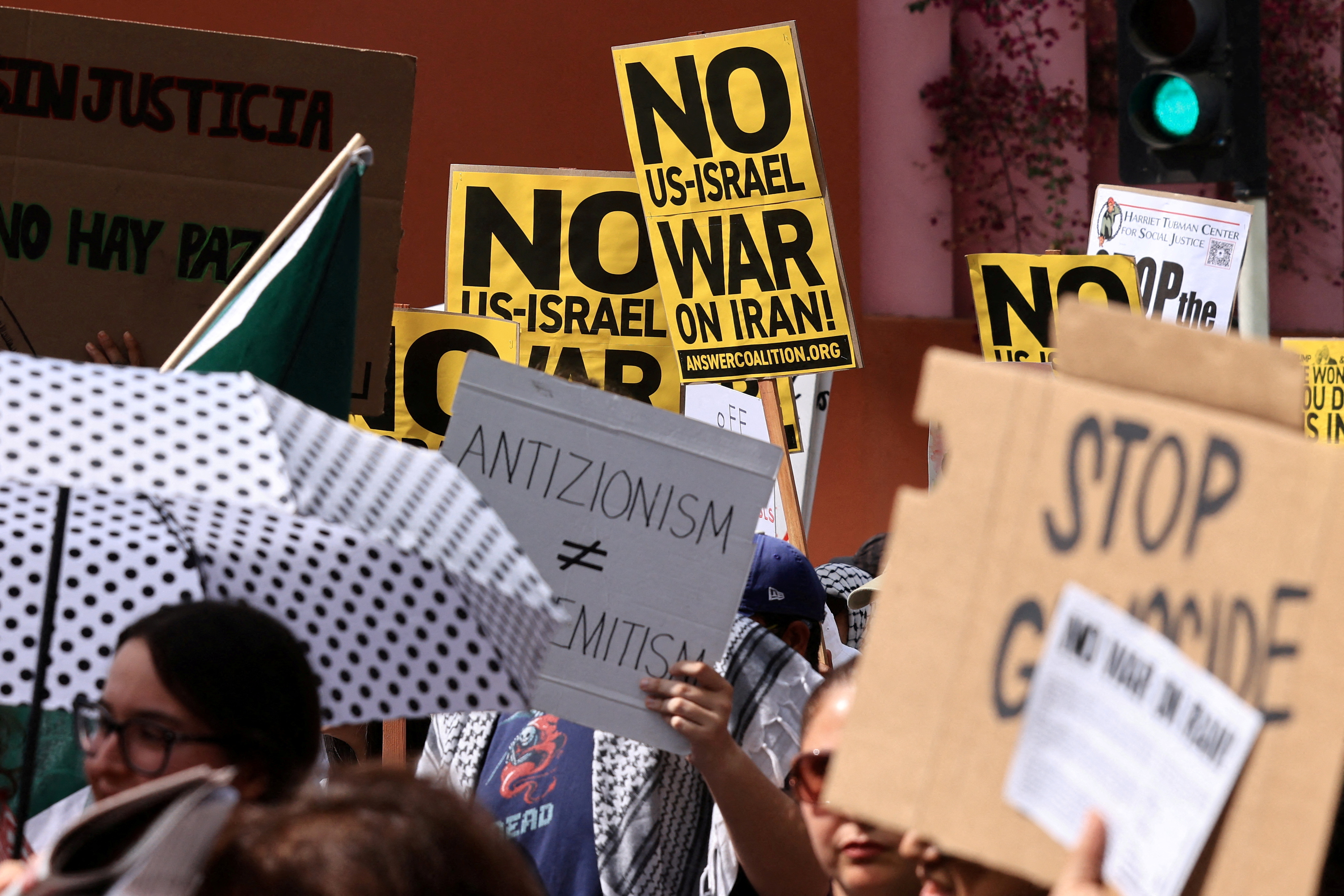 People attend an antiwar demonstration in Los Angeles, US