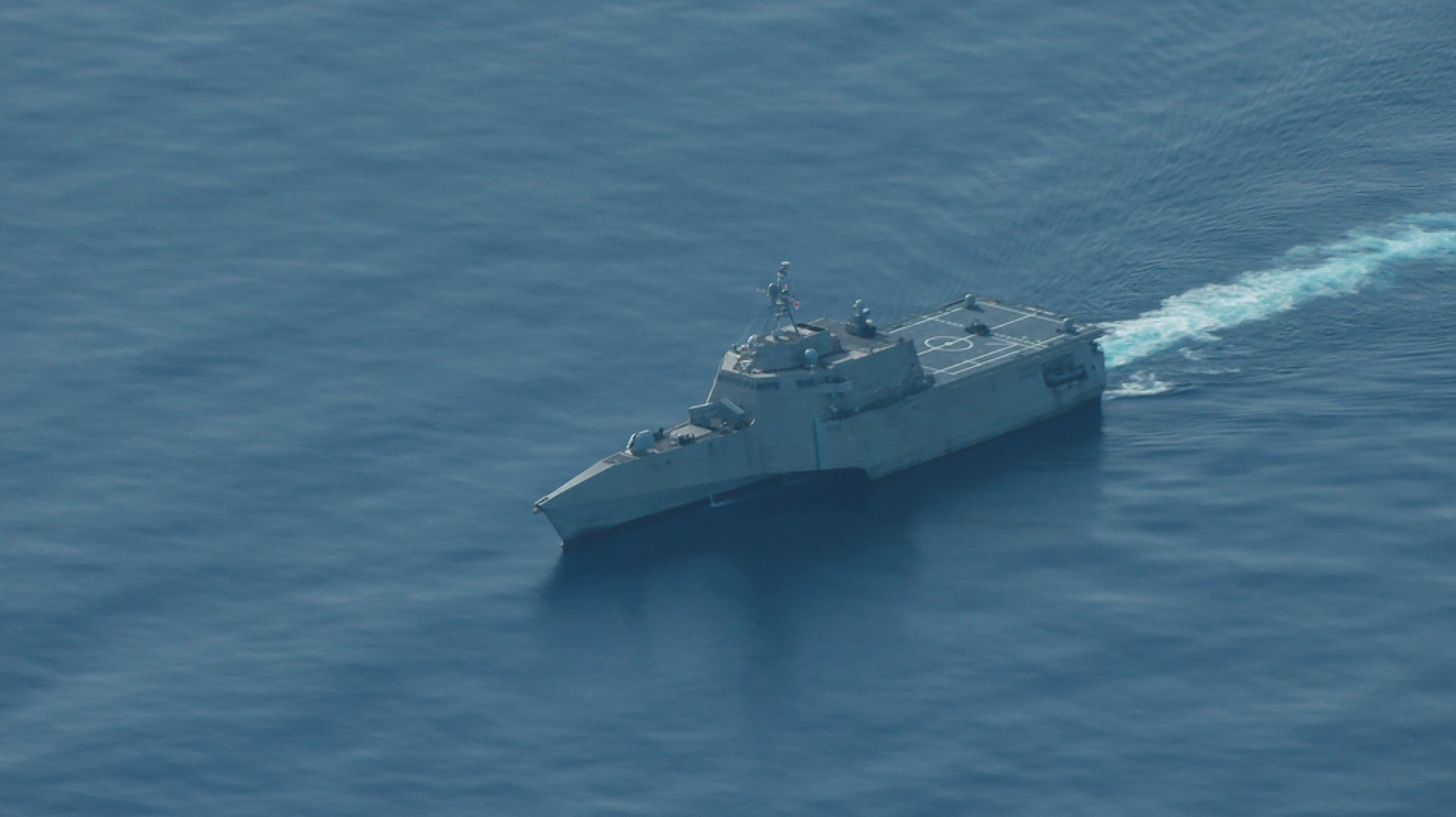 An aerial view of the USS Cincinnati combat ship