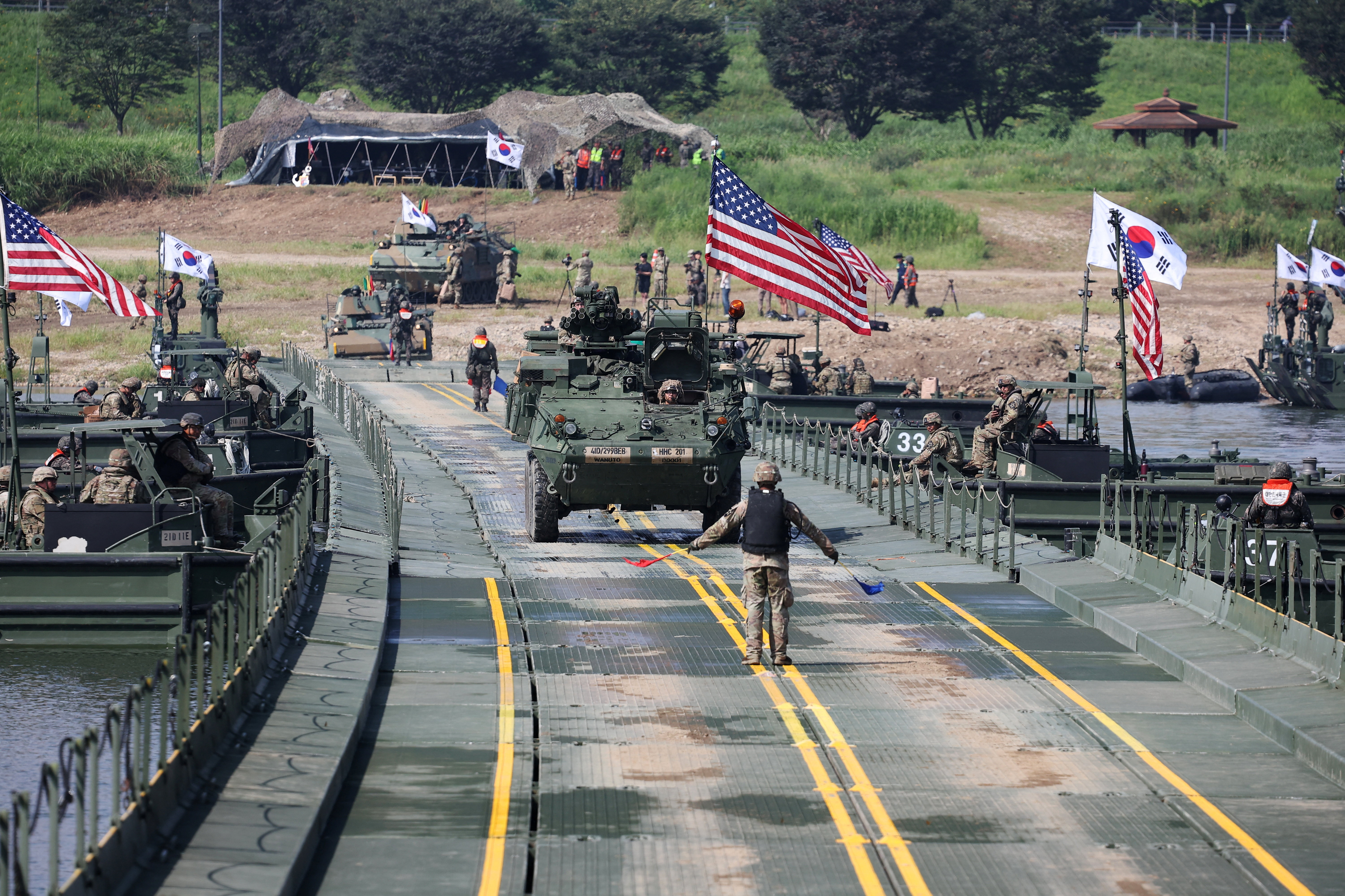 A US army's Stryker armoured vehicle during a US-South Korea joint river-crossing exercise in Yeoju, South Korea