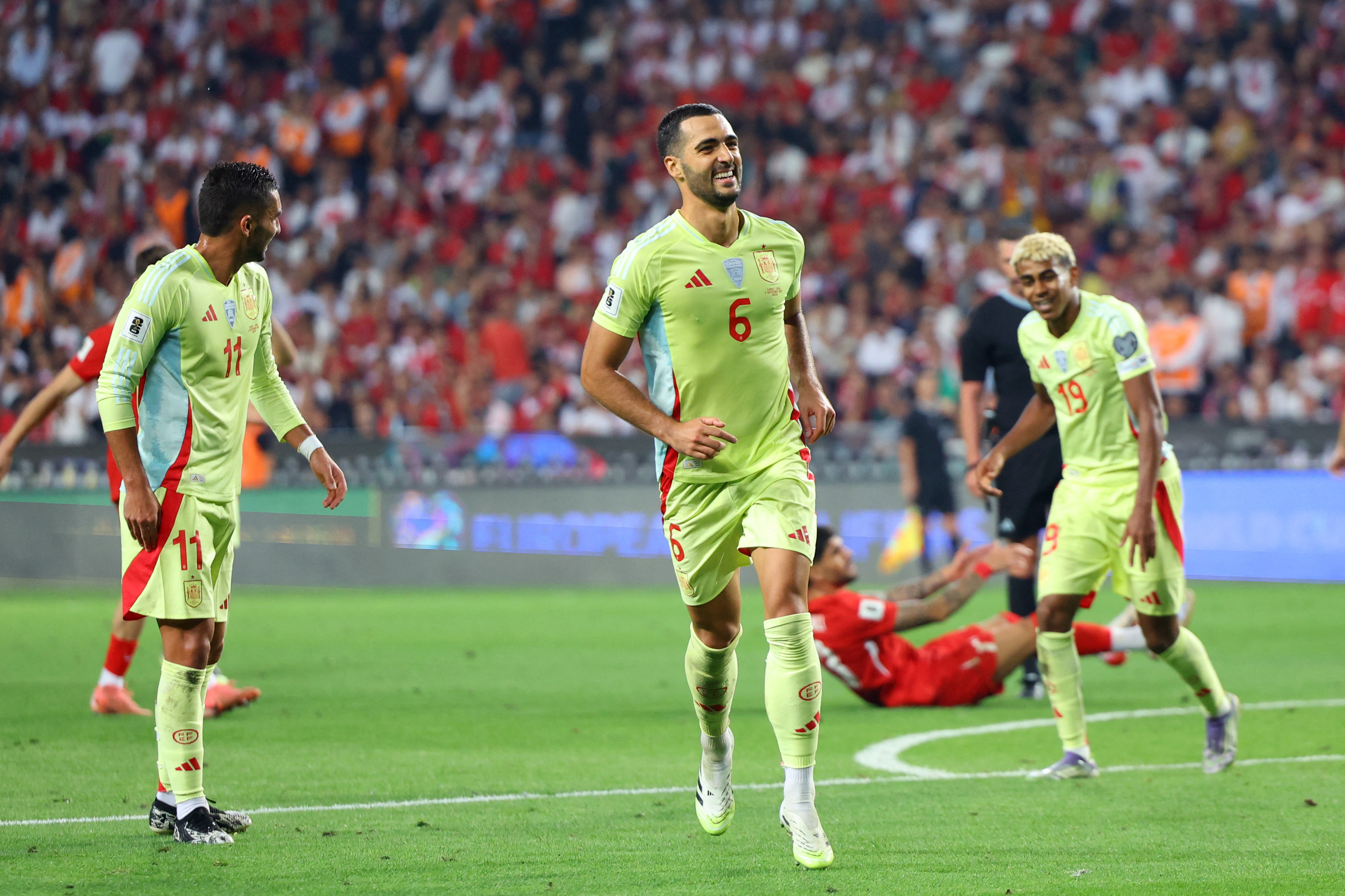 Mikel Merino celebrates scoring Spain's fifth goal
