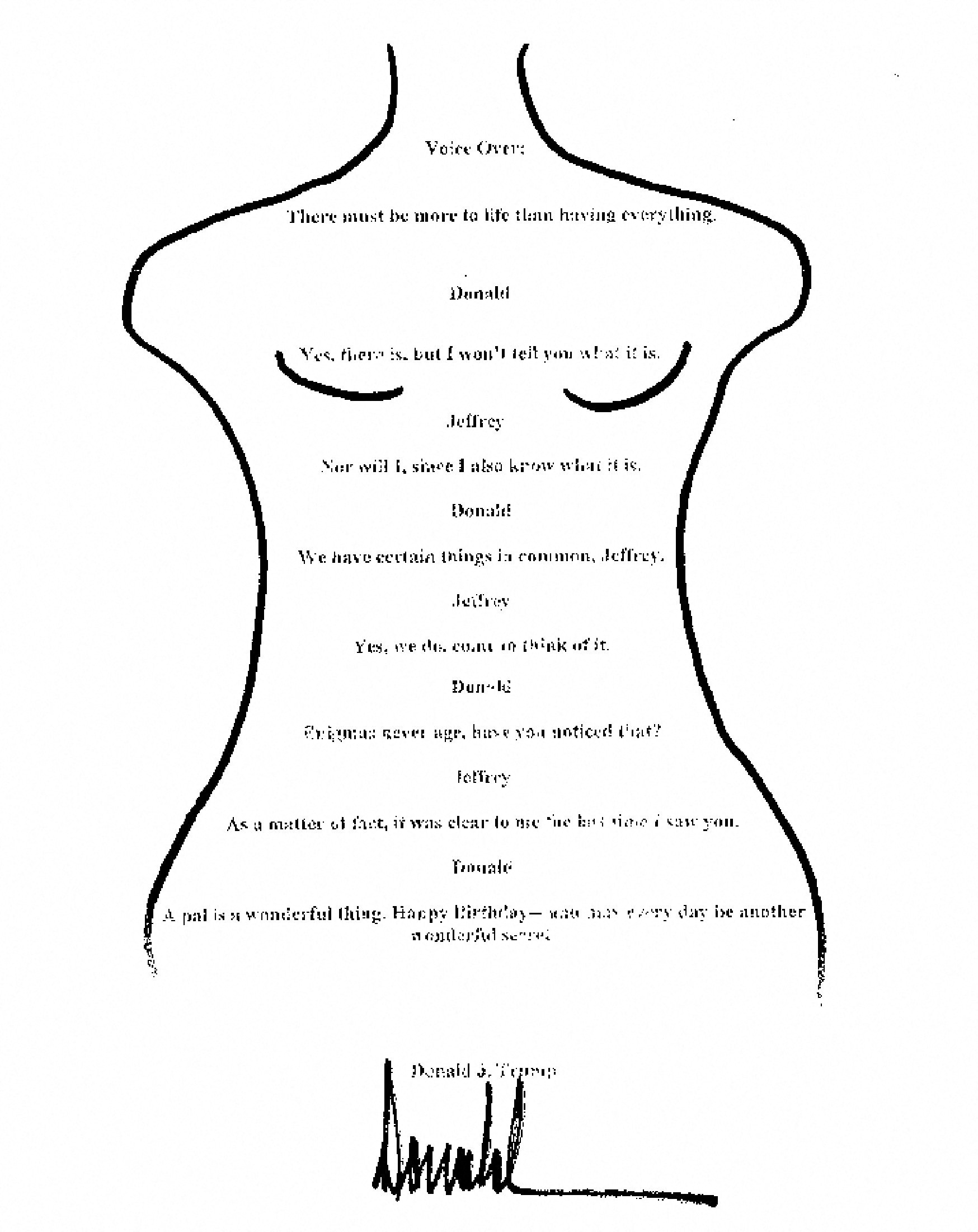 A birthday letter that US President Donald Trump allegedly wrote to sex offender Jeffrey Epstein more than 20 years ago is seen as presented by the Democrats in the U.S. House of Representatives on their X account September 8, 2025. The letter, the existence of which was reported by the Wall Street Journal in July, appears to have been signed by Trump, but he has denied doing so and has said the card does not exist, and the White House has denied its authenticity. Handout via REUTERS