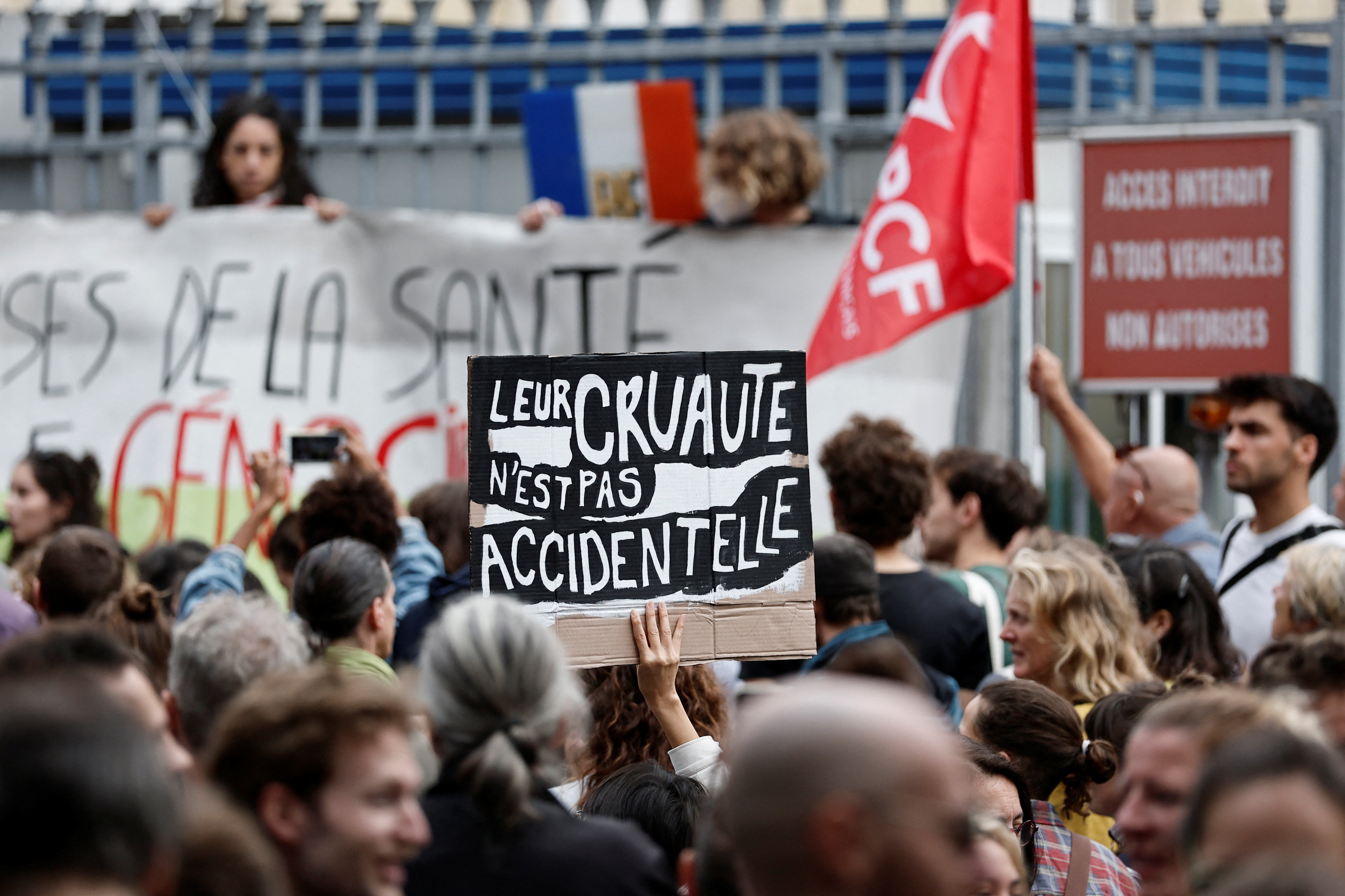Protesters gather in front of the Tenon hospital during 'Block Everything' protests in Paris