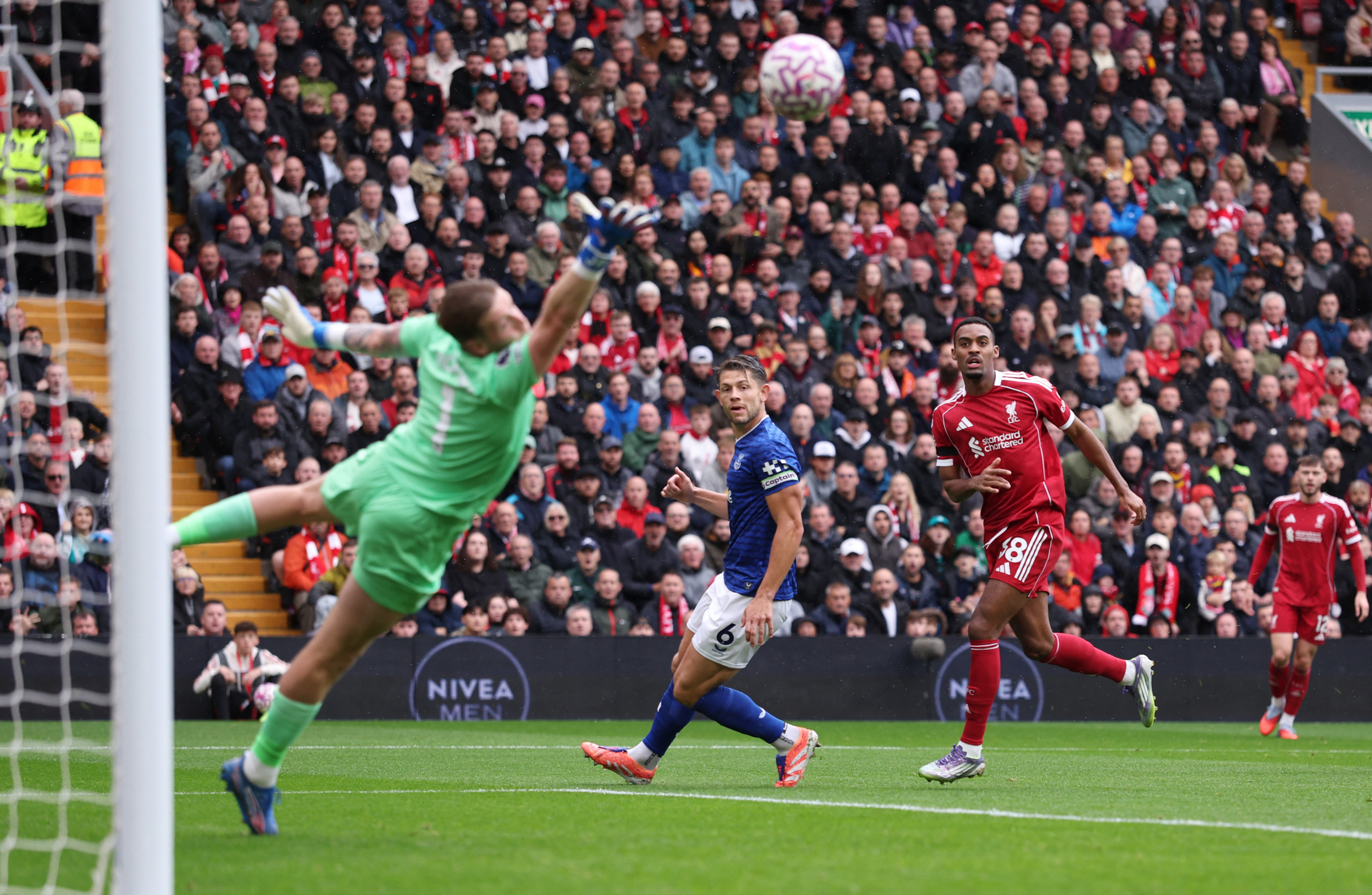 Liverpool's Ryan Gravenberch scores their first goal past Everton's Jordan Pickford