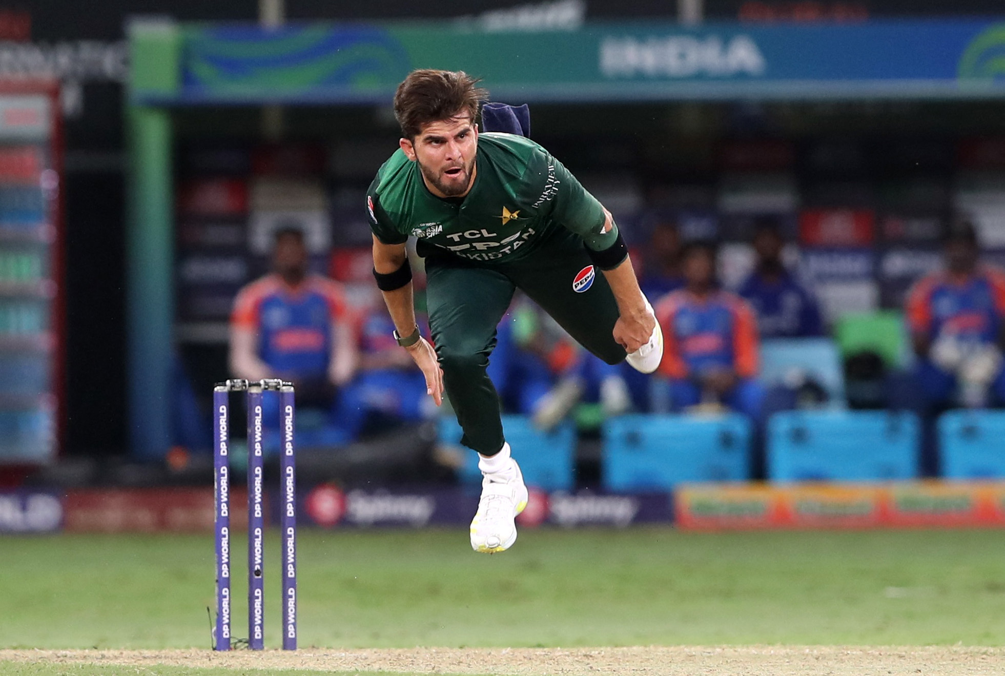 Pakistan's Shaheen Shah Afridi in action against India