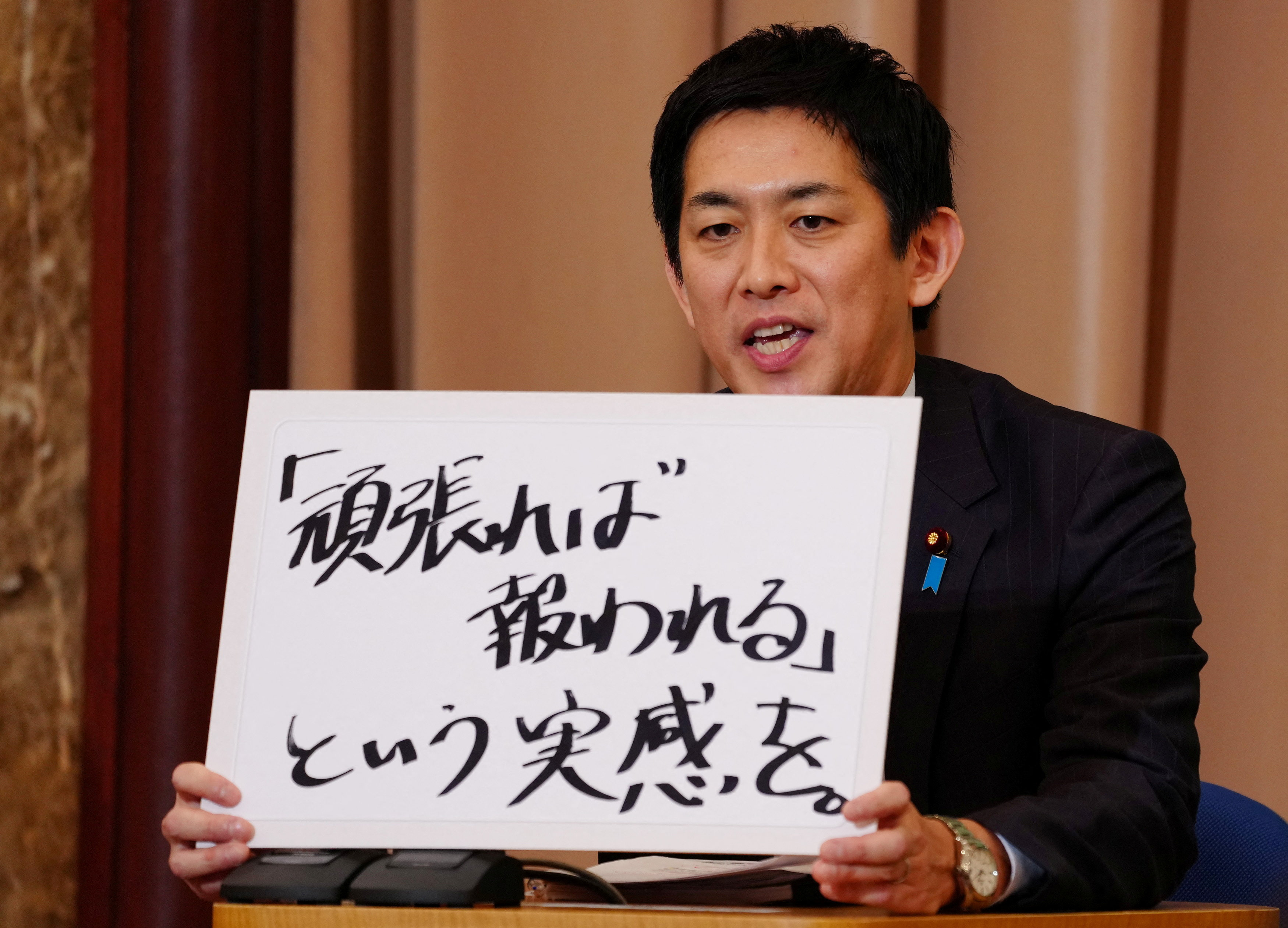 Former Economic Security Minister Takayuki Kobayashi speaks during the Liberal Democratic Party (LDP) Presidential Election Candidate Debate at Japan National Press Club in Tokyo, Japan, on Sept. 24, 2025. Jia Haocheng/Pool via REUTERS