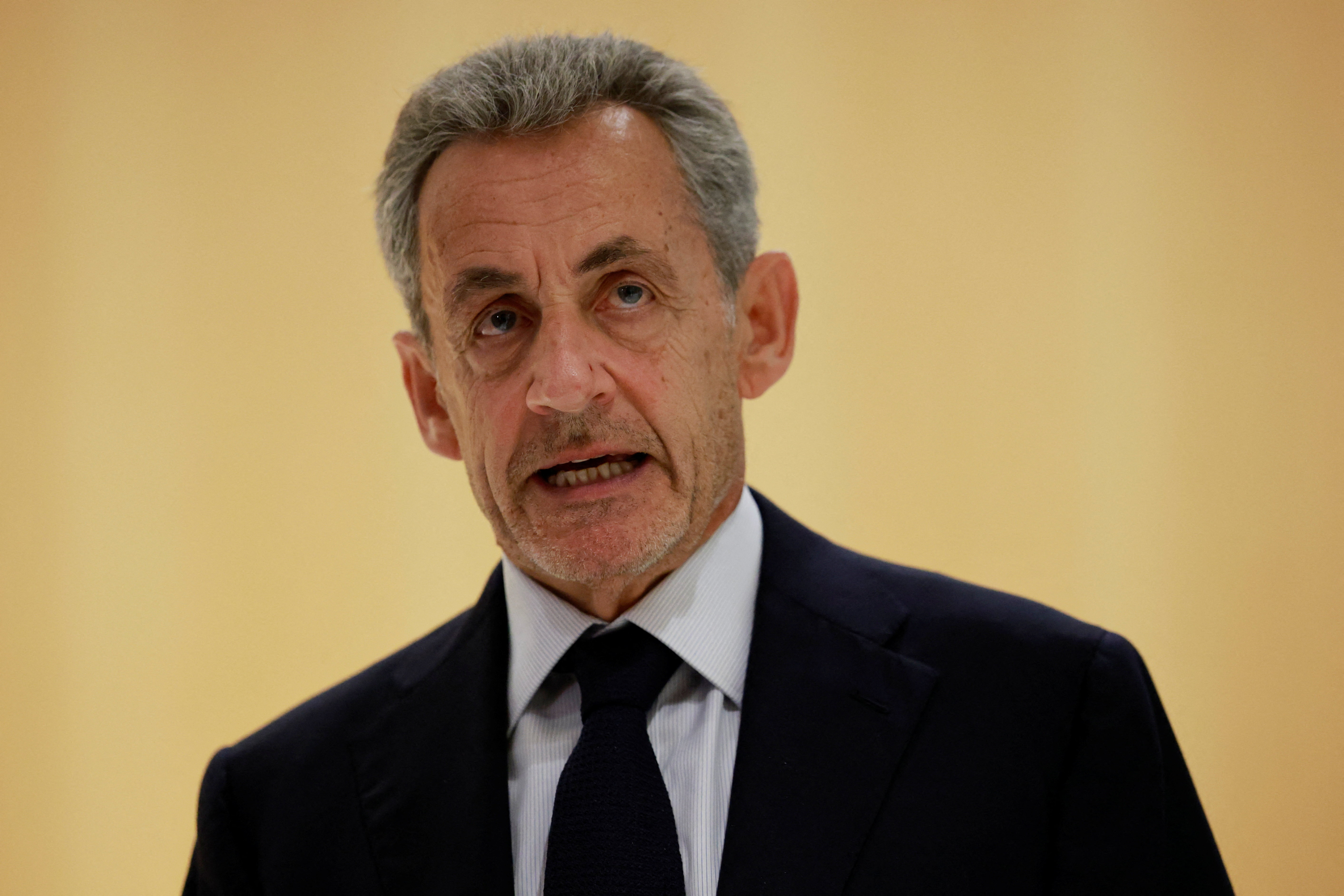 Former French President Nicolas Sarkozy talks to journalists after the verdict in his trial in Paris, France, on September 25, 2025 [Stephanie Lecocq/Reuters]