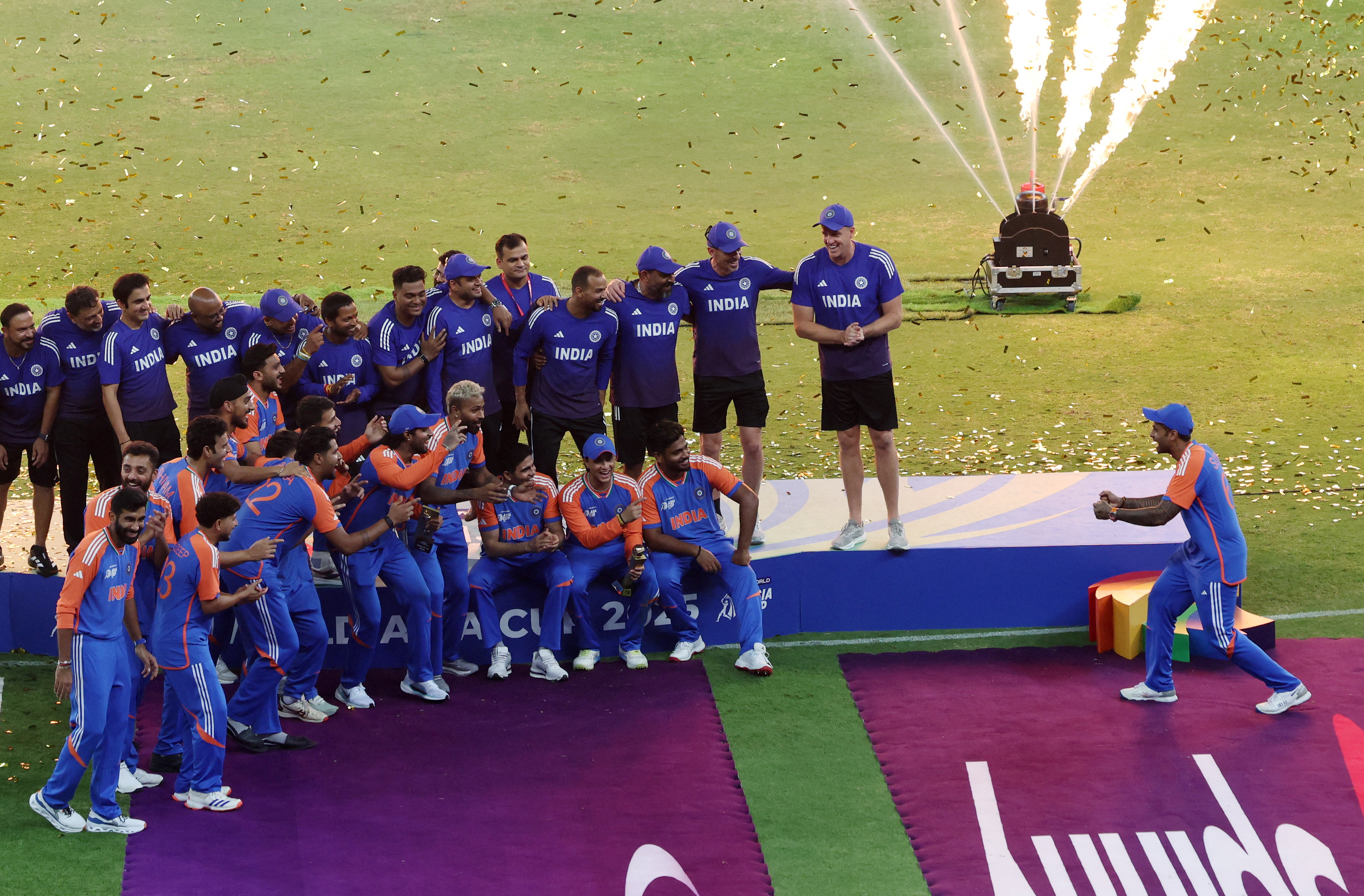 Cricket - Asia Cup - Final - India v Pakistan - Dubai International Cricket Stadium, Dubai, United Arab Emirates - September 29, 2025 India players celebrate winning the Asia Cup during the presentation ceremony REUTERS/Raghed Waked