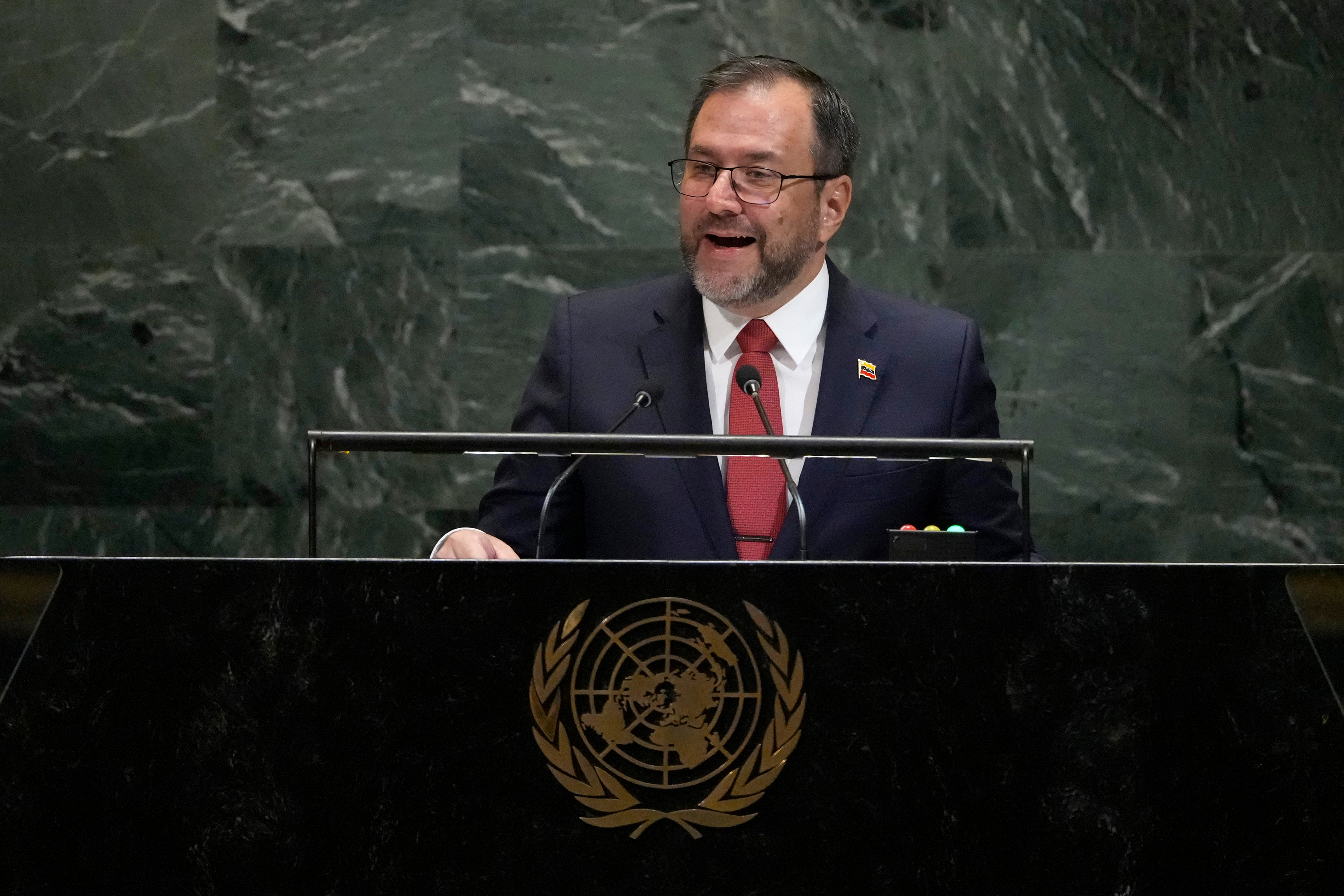 Minister for Foreign Affairs of Venezuela Yvan Gil Pinto addresses the 80th session of the United Nations General Assembly, Friday, Sept. 26, 2025, at U.N. headquarters. (AP Photo/Pamela Smith)