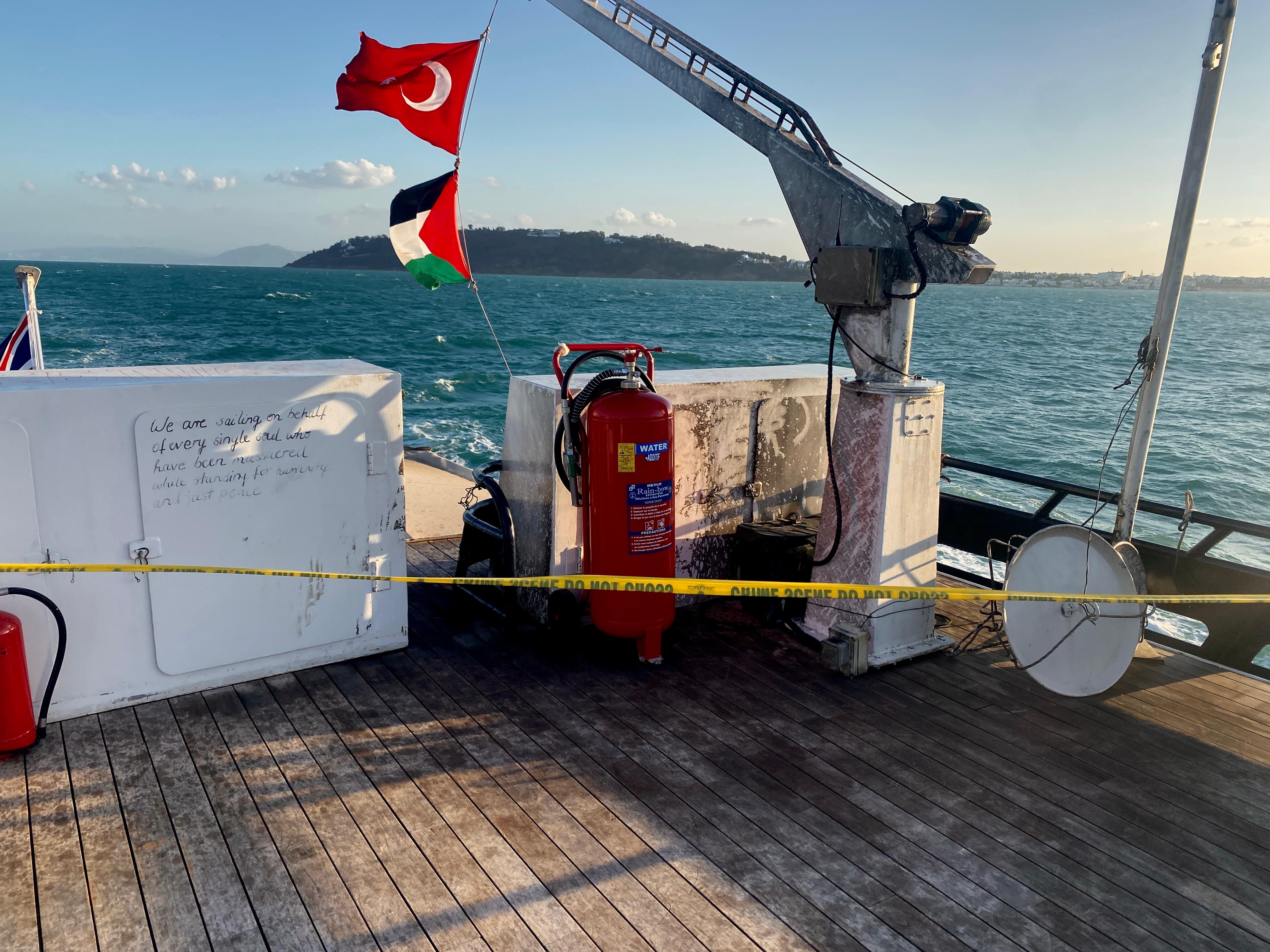 Damage from the suspected drone attack on board The Alma [Mauricio Morales/Al Jazeera]