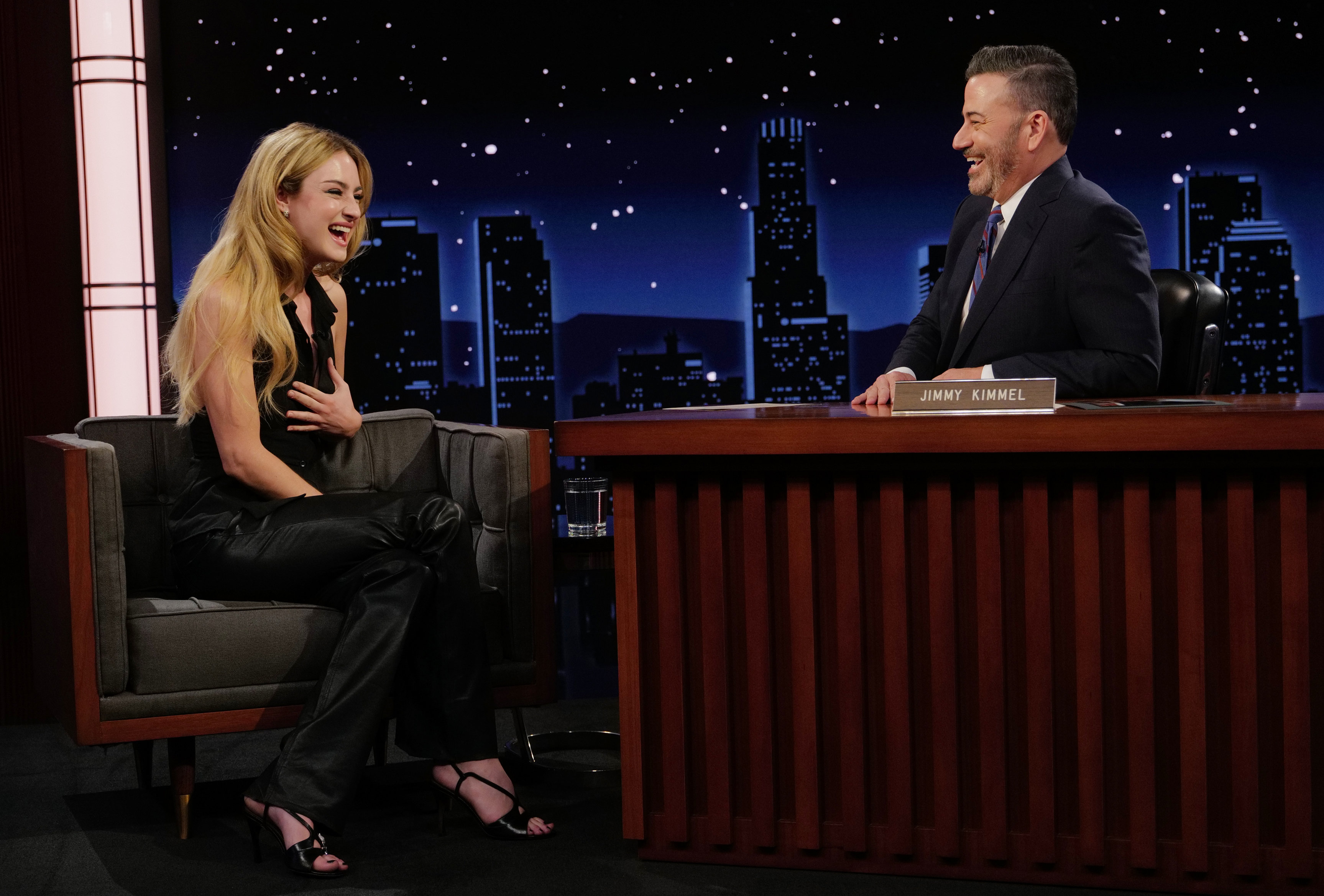 Jimmy Kimmel talks to actress Grace Van Patten on his show.