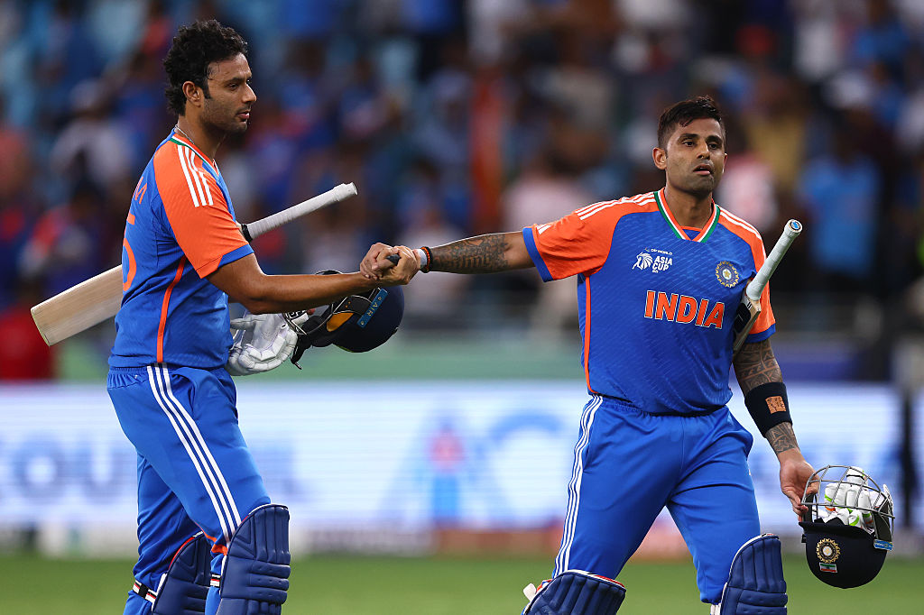 Shivam Dube (L) of India and Suryakumar Yadav (R) of India celebrates victory after the Asia Cup match between India and Pakistan